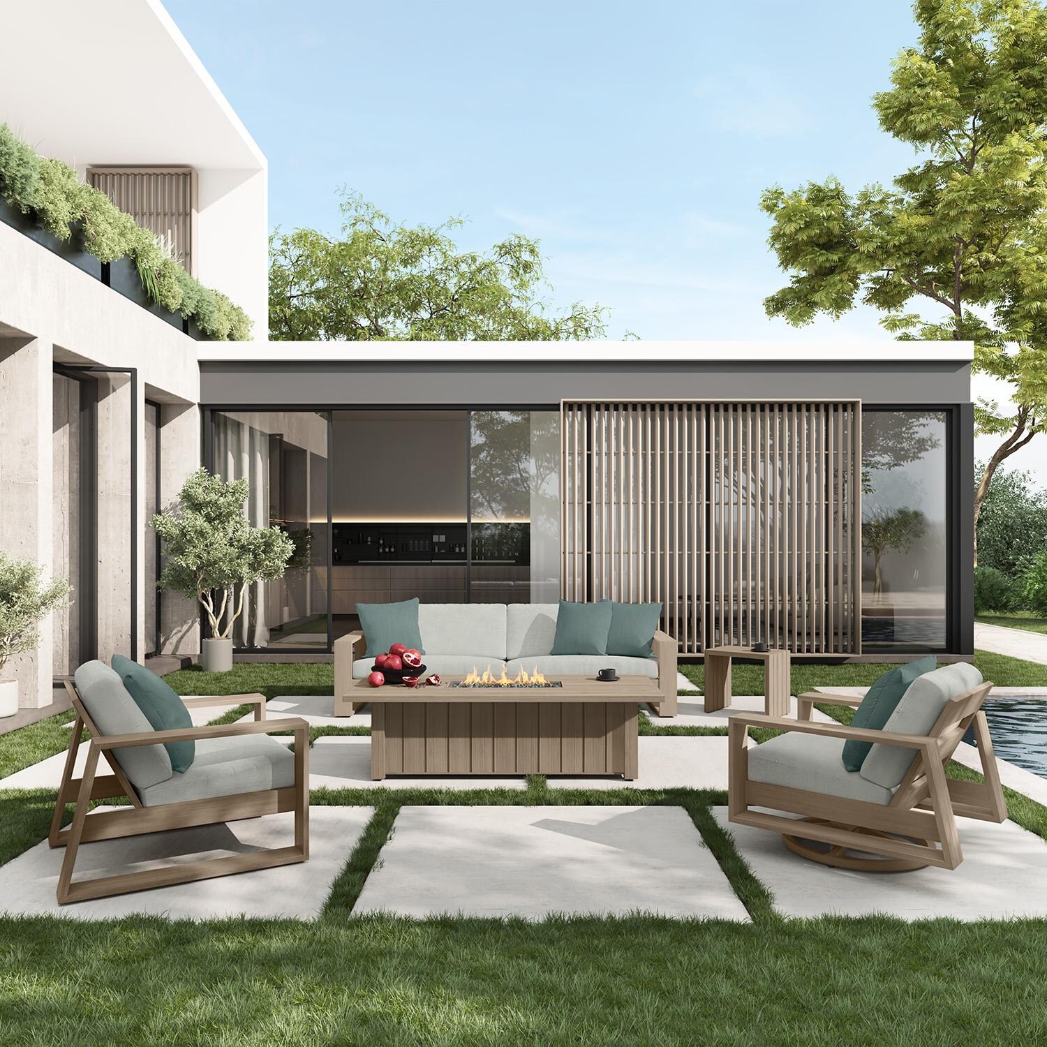 Novara 5 Pc Aluminum Fire Pit Seating Set in Flax/Natural White by Ebel