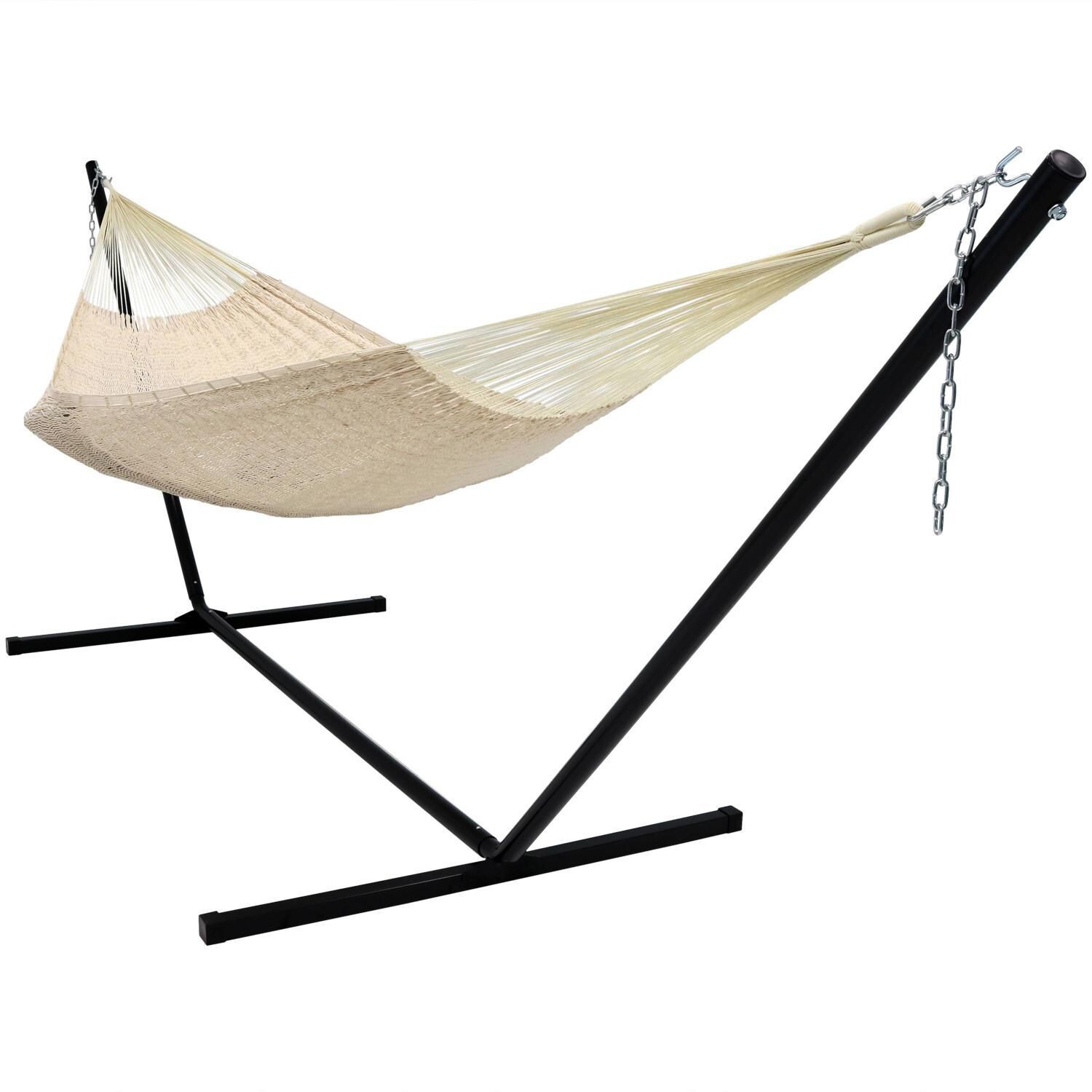 Ultimate Patio Combo XXL Thick Cord Handwoven Family-Sized Mayan Hammock w/ 15-Foot Steel Beam Stand - Natural thumbnail