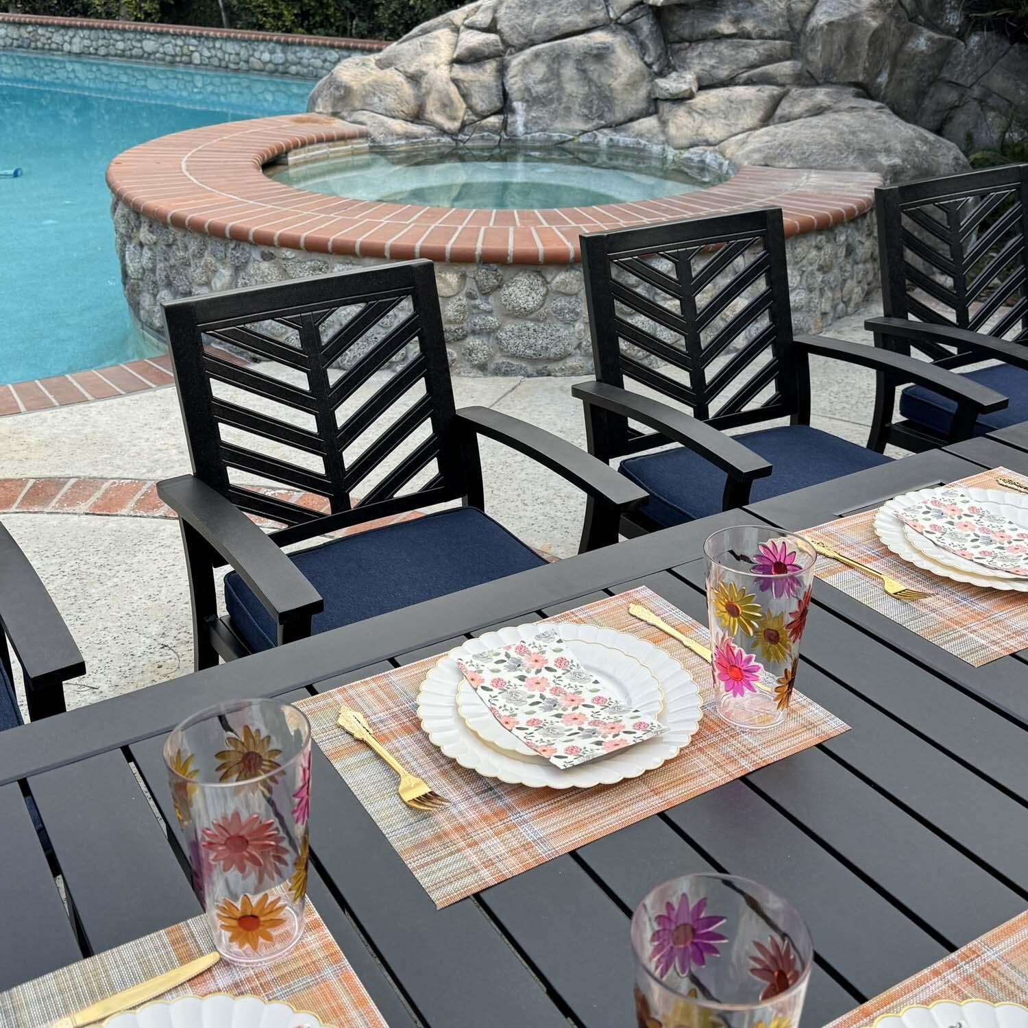 Palm Springs 11 Pc Aluminum Dining Set in Antique Bronze/Navy by Darlee - Close Up - Lifestyle thumbnail