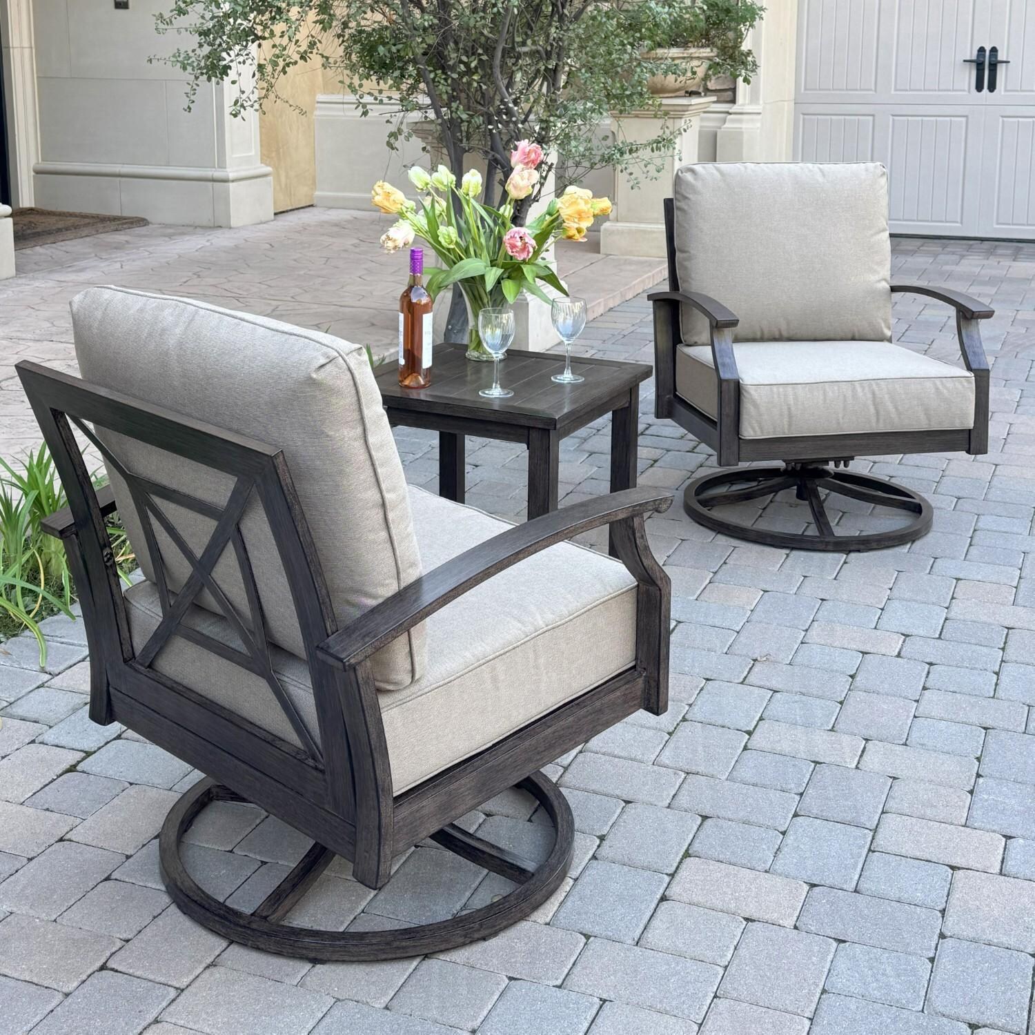 Atlantis 3 Pc Aluminum Seating Set w/ 2 Swivel Rocker Club Chairs in Walnut/Beige by Darlee