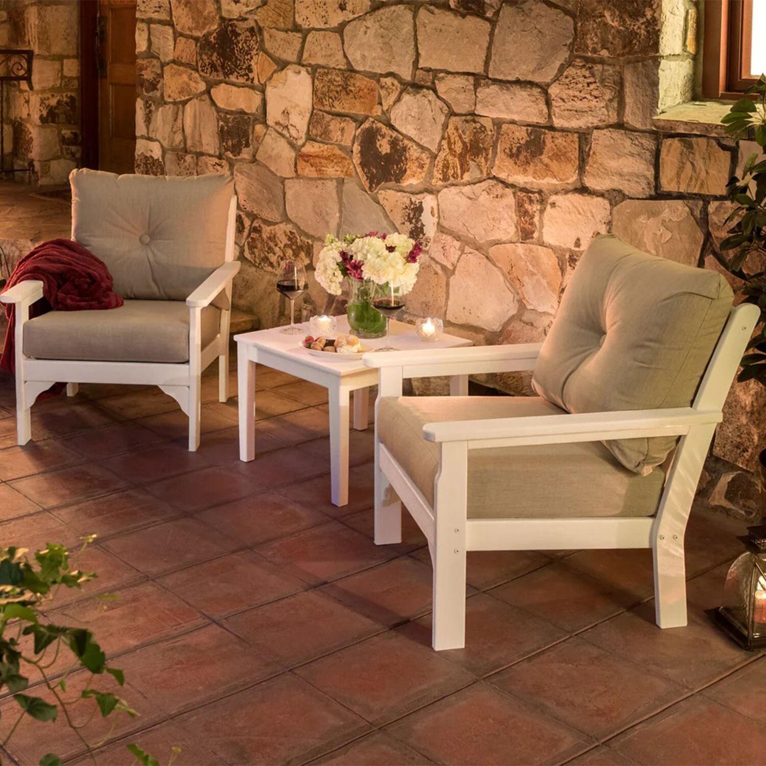 POLYWOOD Vineyard Teak & Dune Burlap 3-Piece Deep Seating Set - Back Patio - Shown in White/Spiced Burlap - Lifestyle thumbnail