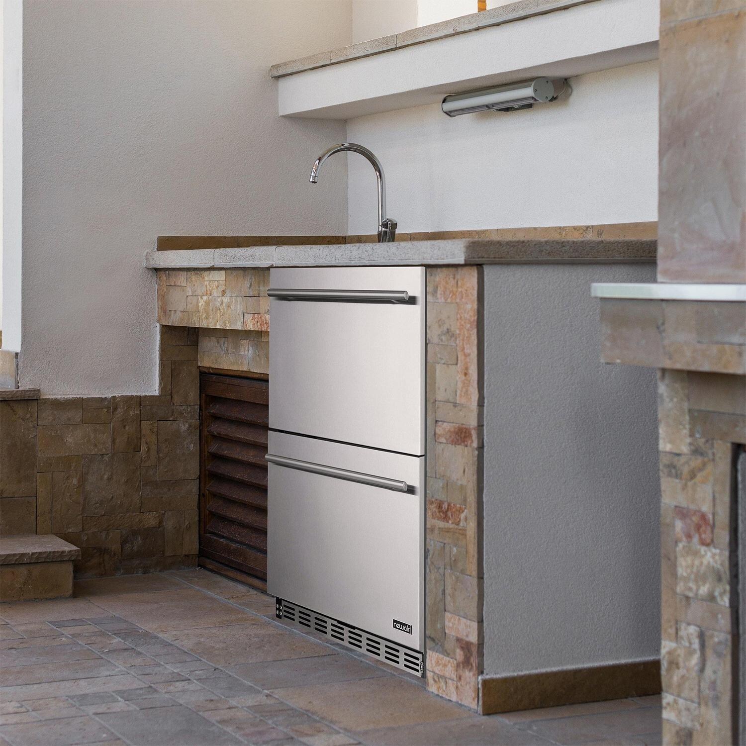 Newair NOF100SS00 24-Inch Built-in 20 Bottle & 80 Can Dual Drawer Wine & Beverage Fridge - Angled View in the Kitchen thumbnail