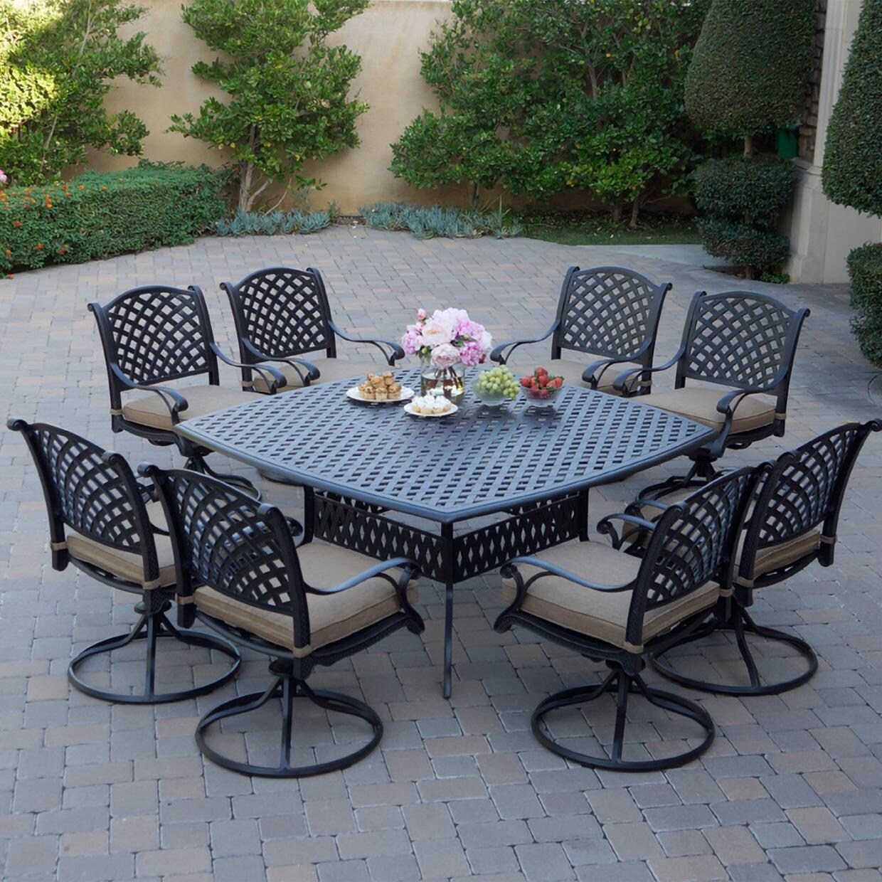 Nassau 9 Pc Cast Aluminum Dining Set in Antique Bronze w/ Sesame Cushions By Darlee