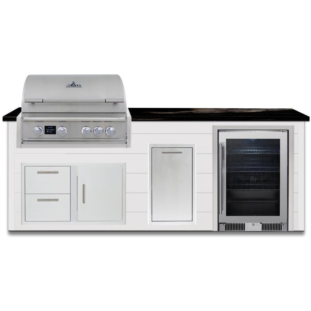 BBQGuys Signature 8 Ft Grill Island w/ 32-in Natural Gas Blaze Premium LTE Pro Grill, Beverage Center, Narrow Trash Bin & Door & Drawer | Crystal White w/ Nero Mist Granite - Front - White Background thumbnail