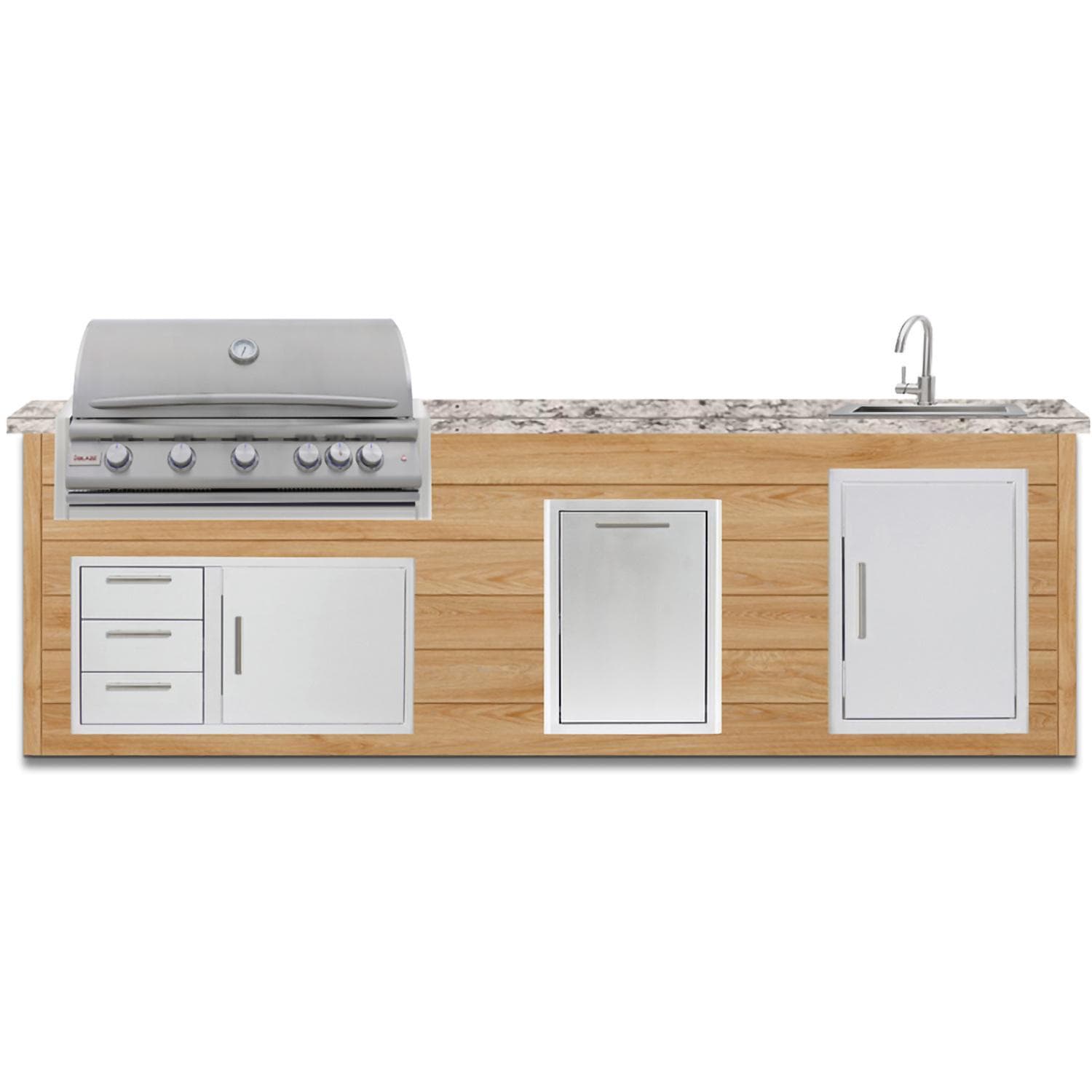 BBQGuys Signature 10 Ft Outdoor Kitchen Island w/ 40 Inch Propane Blaze LTE+ Grill, Sink, & Double Trash Bin | Sun Bleached Oak w/ White Granite
