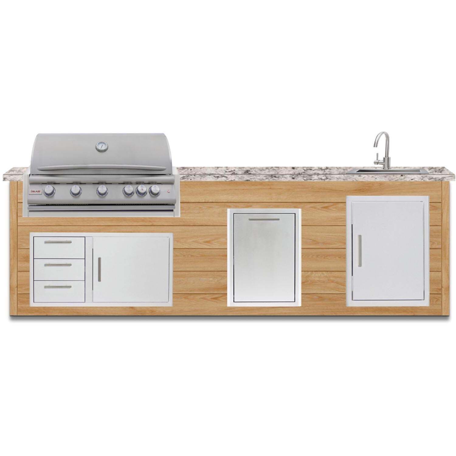 BBQGuys Signature 10 Ft Grill Island w/ 40 Inch Propane Blaze Premium LTE+ Grill, Double Trash Bin & Door & Drawer | Sun Bleached Oak w/ White Granite - Front - White Background thumbnail