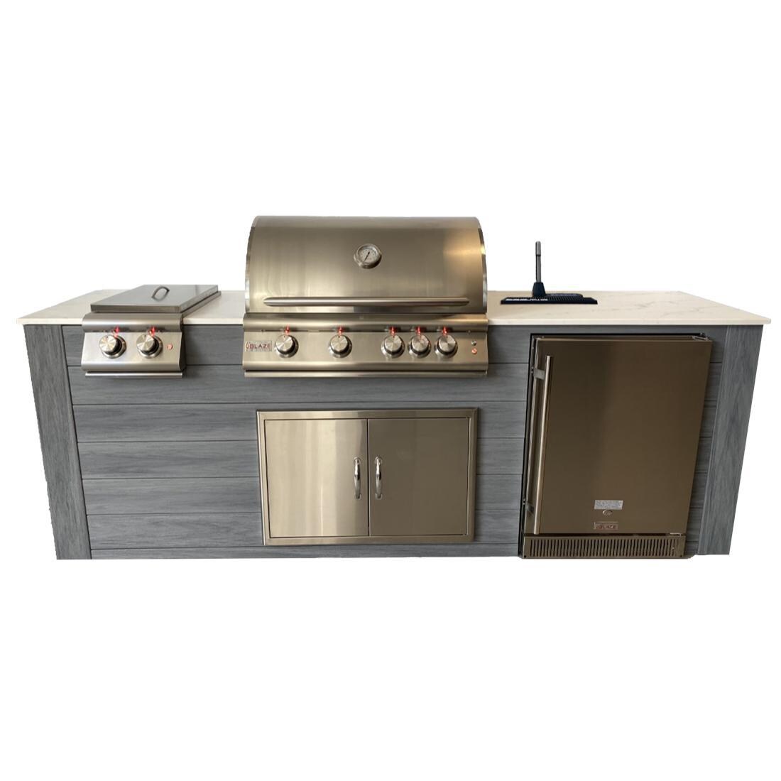 Pro-Fit 8-Foot Outdoor Kitchen Island W/ Blaze Premium LTE 32-Inch Propane Gas Grill, Double Side Burner, Refrigerator & Beverage Dispenser - Driftwood Grey / Bianco Giulia A Satin image