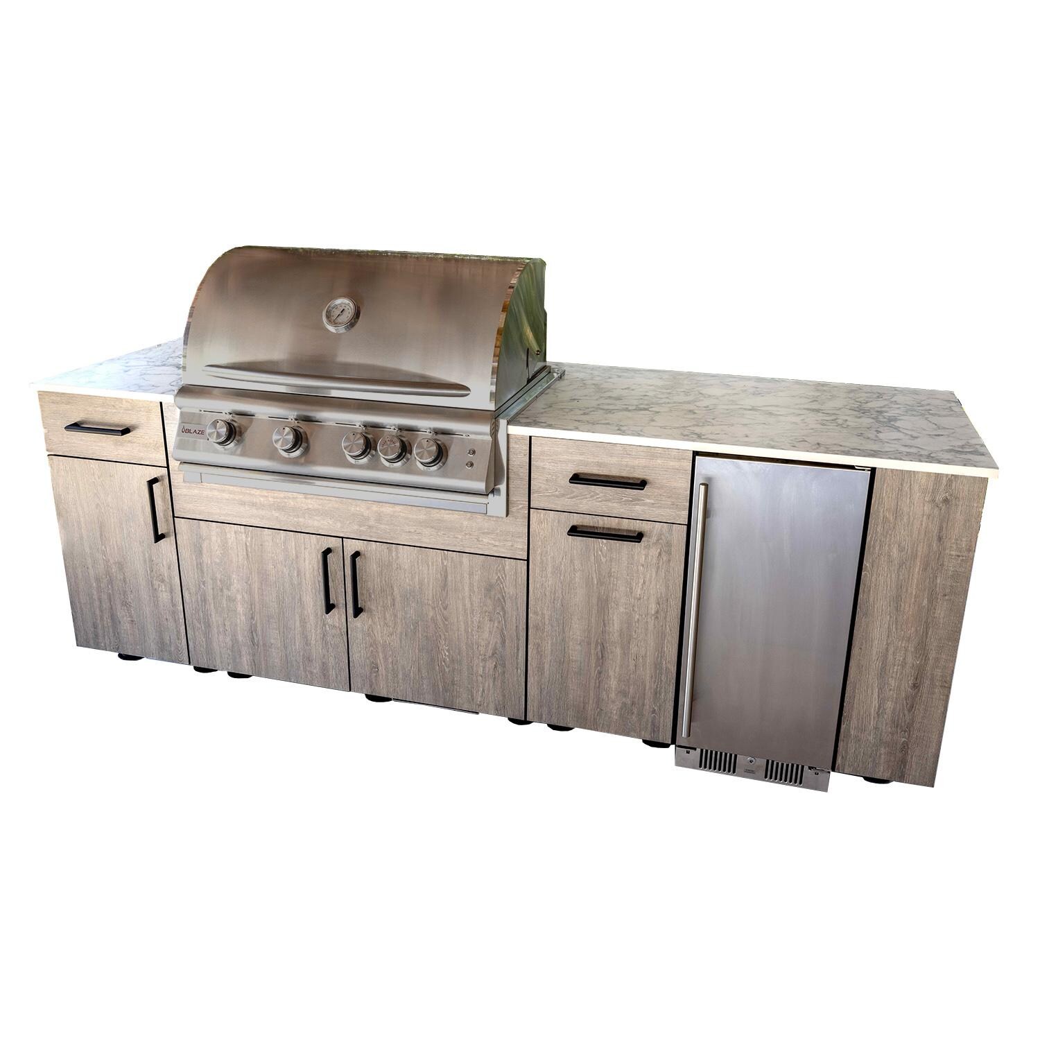 BBQGuys Signature Oasis 8 Ft Outdoor Kitchen Island w/ Blaze Natural Gas Grill & Refrigerator in Riverside Oak/Icecap White - Island - White Background thumbnail