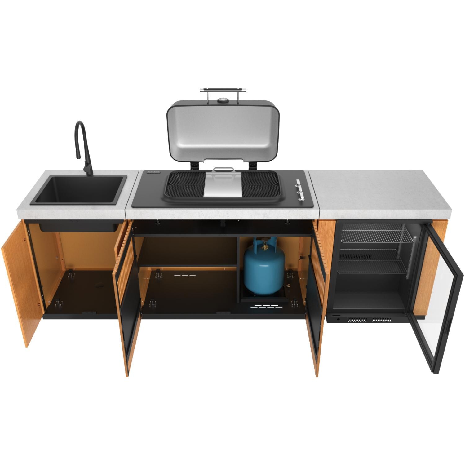 Everdure 9 Ft Outdoor Kitchen Island w/ Marine Grade Aluminum Cabinets in Timber Effect - Cabinets Open (Propane Tank Not Included) - White Background thumbnail