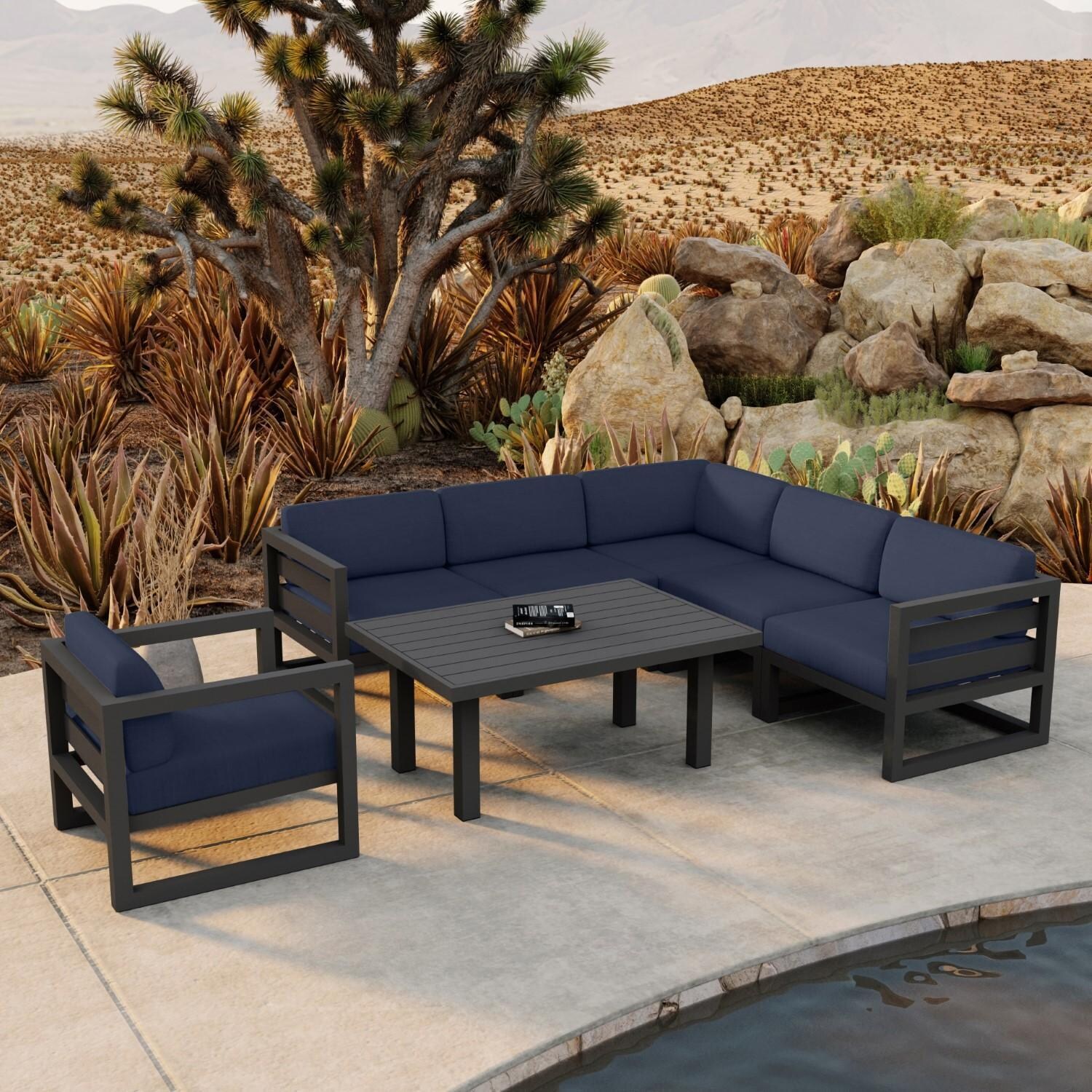 Lakeview MSTYCV-SL-SET212-IN Misty Cove 7 Pc Aluminum Sectional Set in Slate w/Chat Table & Spectrum Indigo Cushions by Lakeview Outdoor Designs - By the Pool - Lifestyle thumbnail