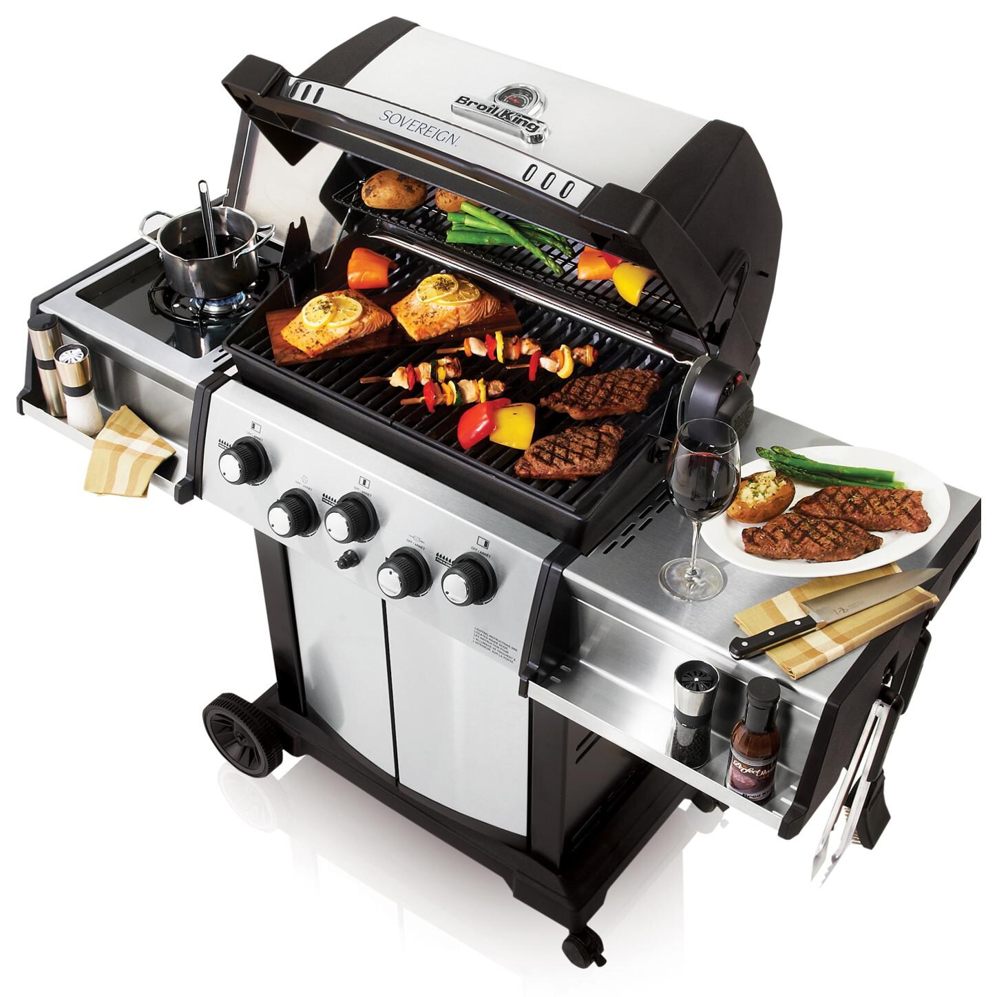 Broil King Sovereign 90 3-Burner Freestanding Gas Grill - Angled View With Food thumbnail