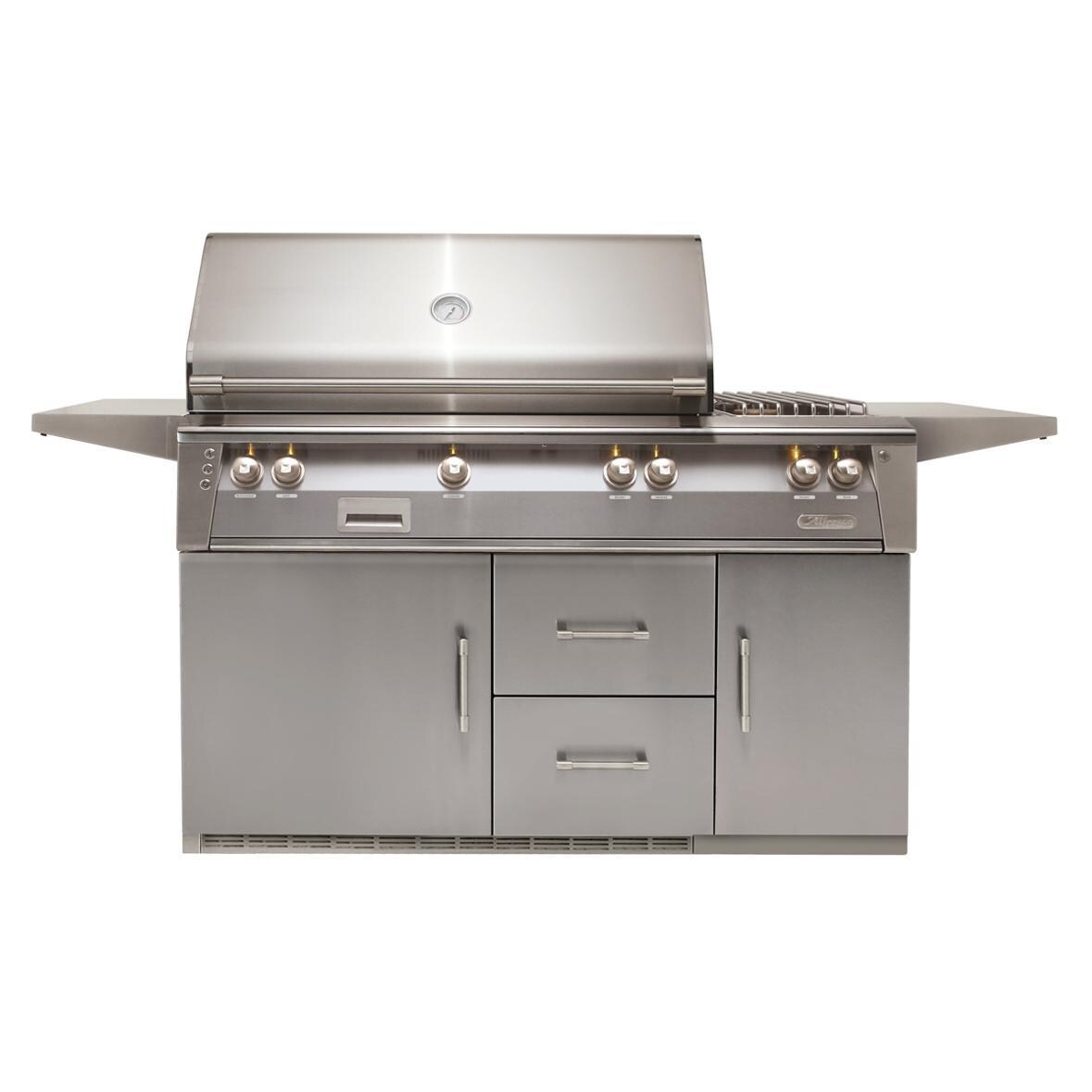 Alfresco ALXE-56SZR-LP-S7004 ALXE 56-Inch Freestanding Propane Deluxe Grill On Refrigerated Cart With Sear Zone, Rotisserie, And Side Burner in Signal Gray - White Background thumbnail