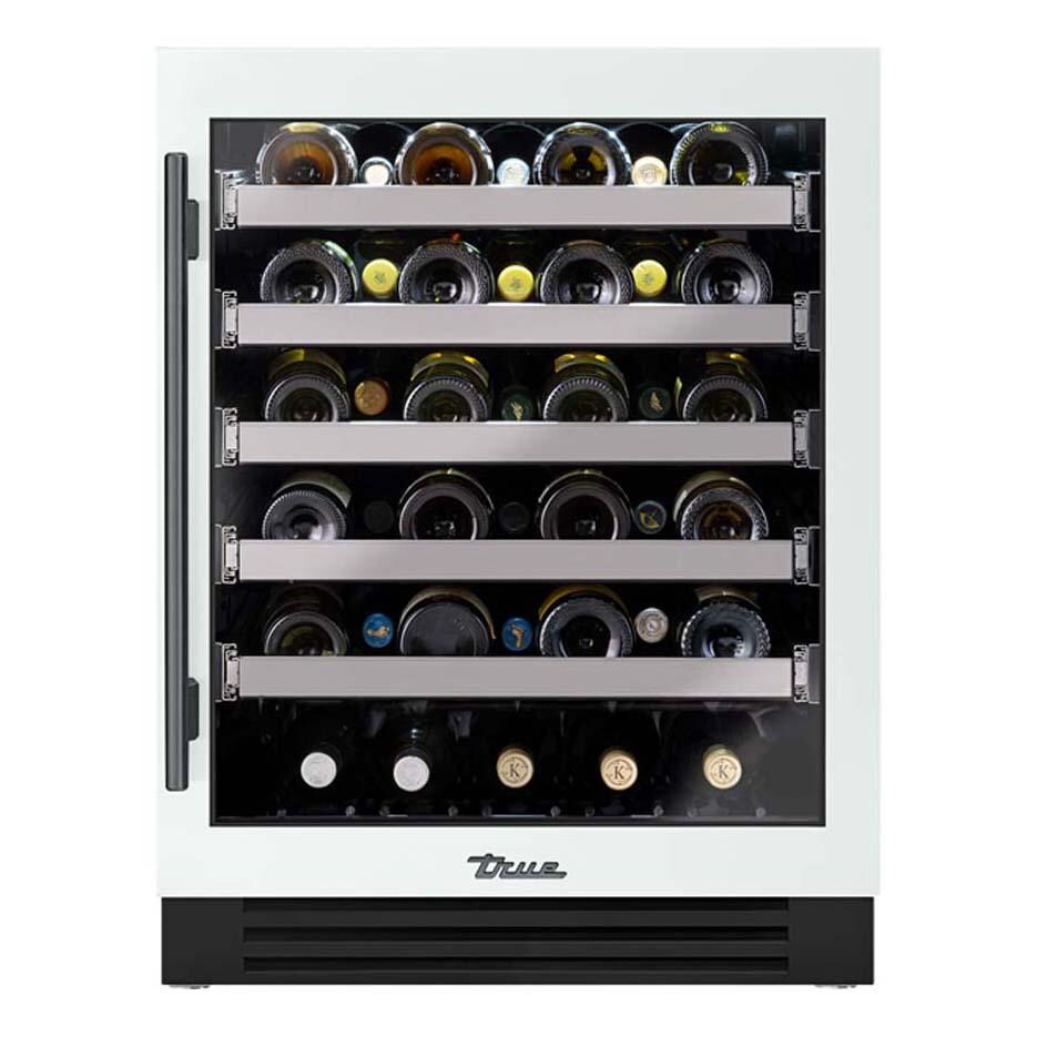 True TUWADA-24-RG-A~030-H05 ADA Height 24 Inch 40 Bottle Right Hinge Glass Door Outdoor Wine Cabinet - Matte White w/ Pewter Handle - White Background thumbnail