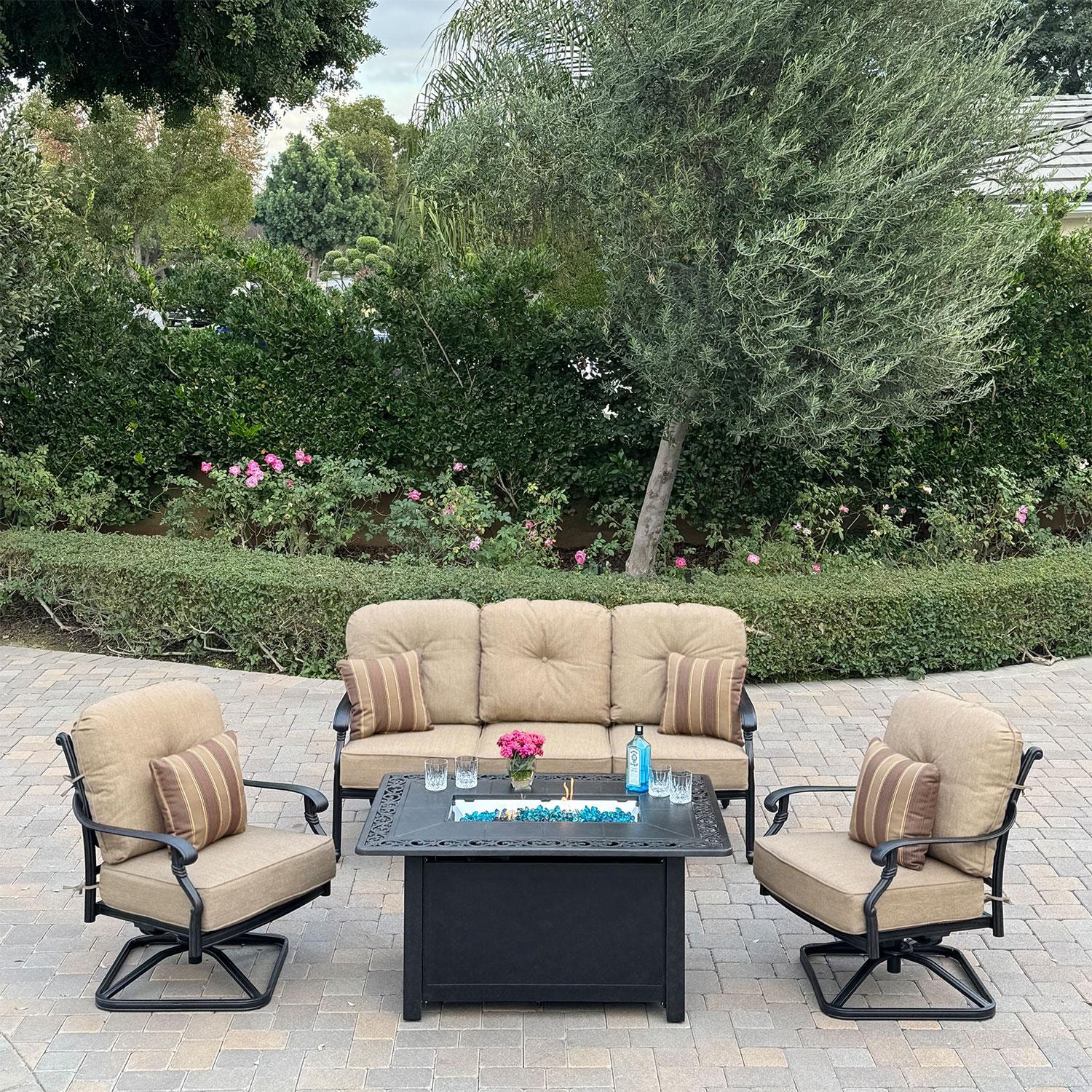 Darlee Santa Monica 4 Pc Cast Aluminum Fire Pit Seating Set w/ 2 Rocker Club Chairs and Sofa in Antique Bronze/Beige Canvas by
