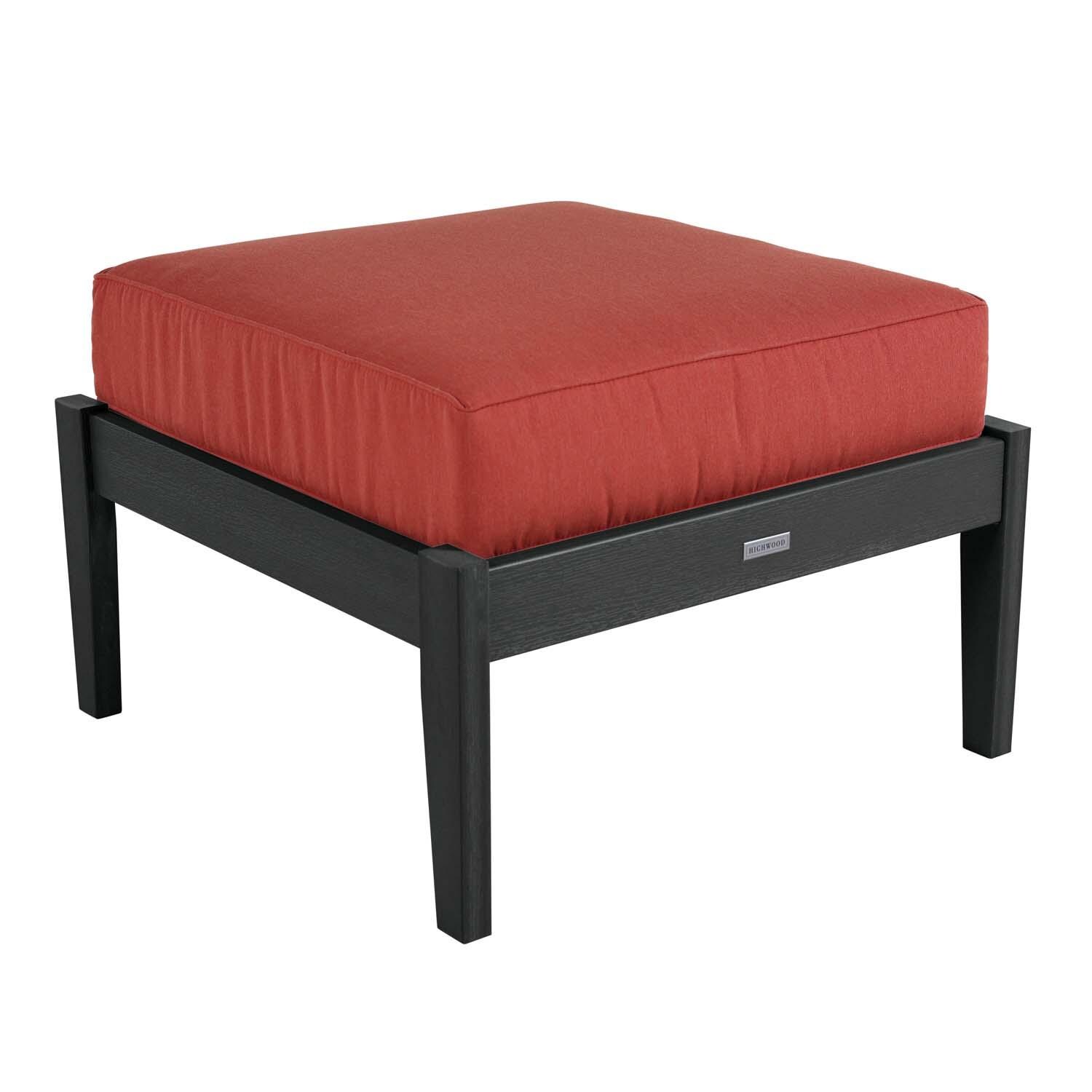 Blushing Bay Recycled Plastic Ottoman in Canvas Persimmon/Black by Lakeview Outdoor Designs - Angled View - White Background thumbnail