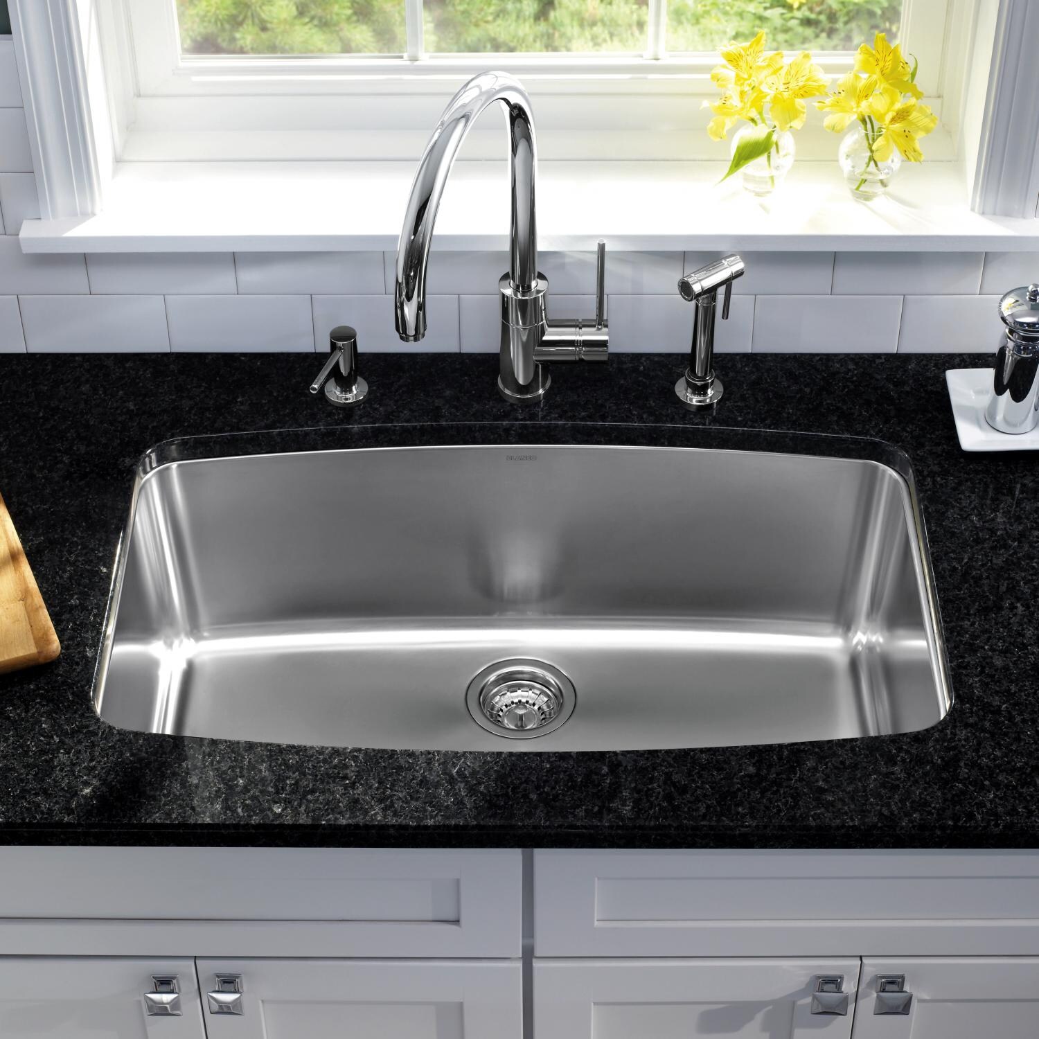 Blanco Performa Super 32 X 19 18-Gauge Single Bowl Stainless Steel Undermount Sink - Installed (Shown With Faucet & Drain - Not Included) thumbnail