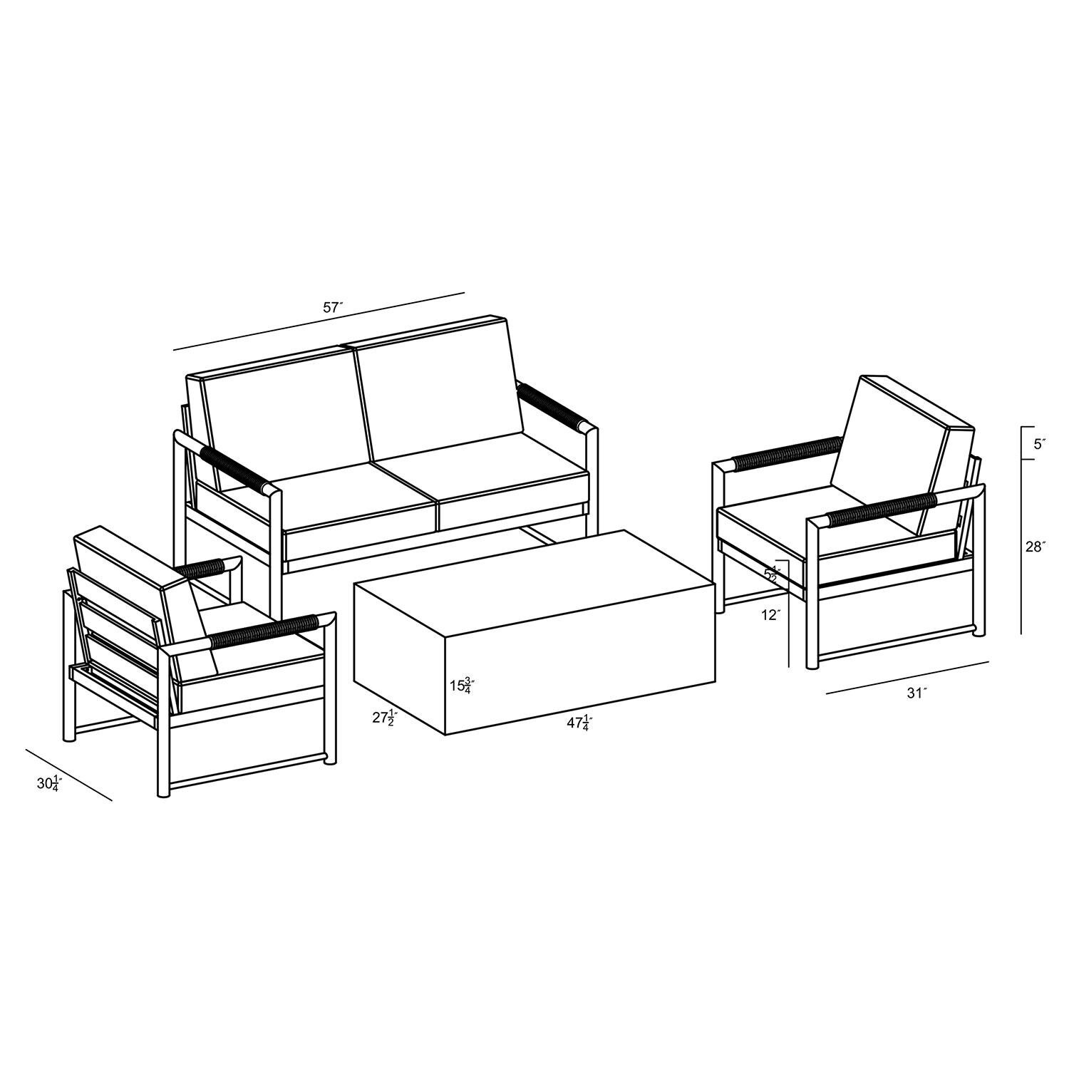 Lakeview AVEBAY-BK-CO-SET111-CS Avenue Bay Black/Carbon 5 Pc Loveseat Set - Cast Silver - Dimensions - Diagram thumbnail