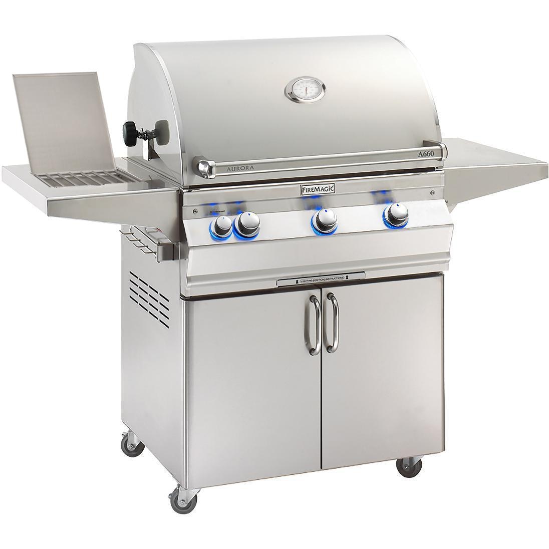 Fire Magic - A660S-8LAP-62 - Aurora 30-Inch Propane Gas Grill W/ One Infrared Burner, Rotisserie, & Side Burner - Side Burner Open thumbnail