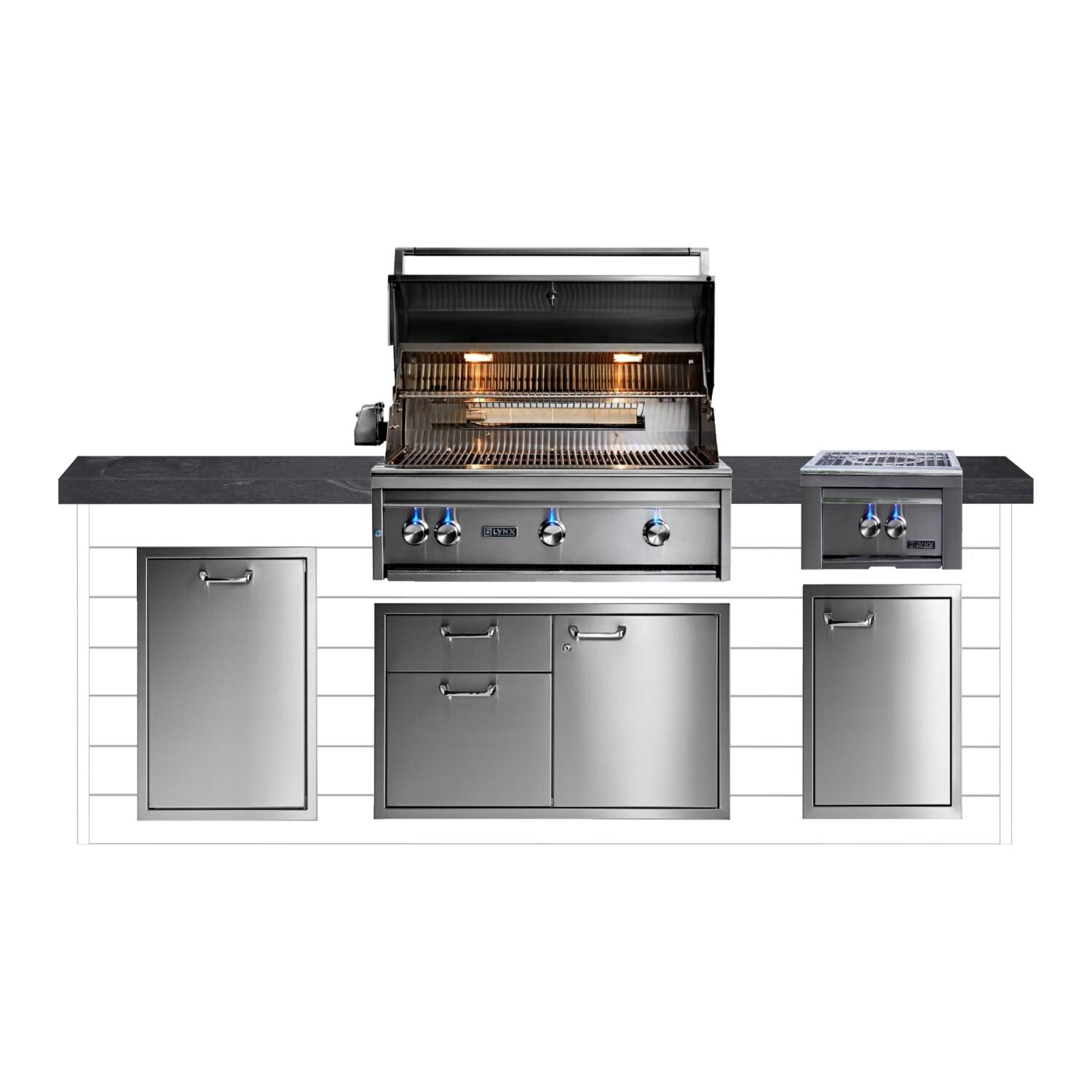 BBQGuys Signature 8ft Luxury Outdoor Kitchen w/ Lynx Professional 36-Inch Natural Gas Grill & Power Burner - Canvas White Steel w/ Black Polished Granite