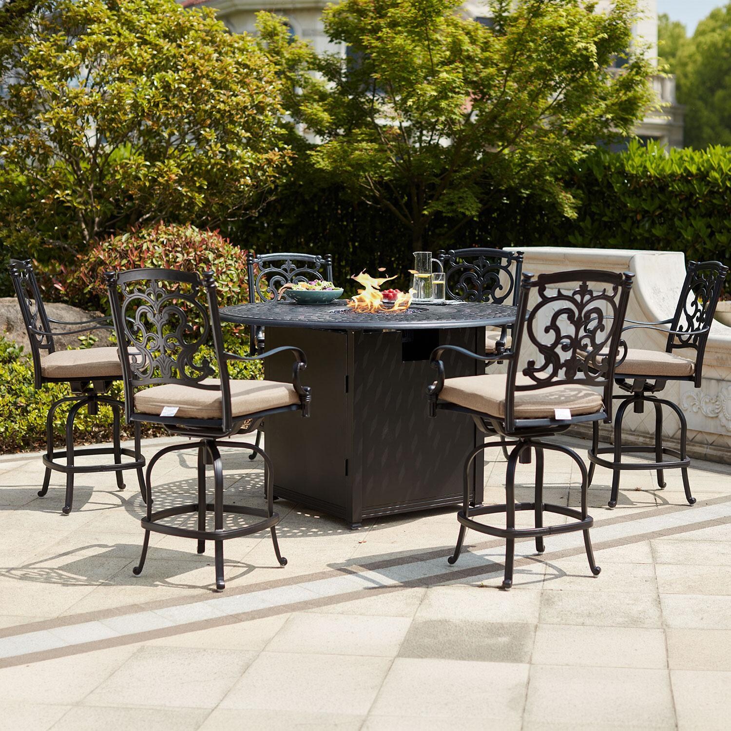 Darlee 201010-7PC-60GHD Santa Barbara 7 Piece Cast Aluminum Patio Counter Height Fire Pit Bar Set W/ 60 Inch Round Table & Beige Canvas Cushions thumbnail