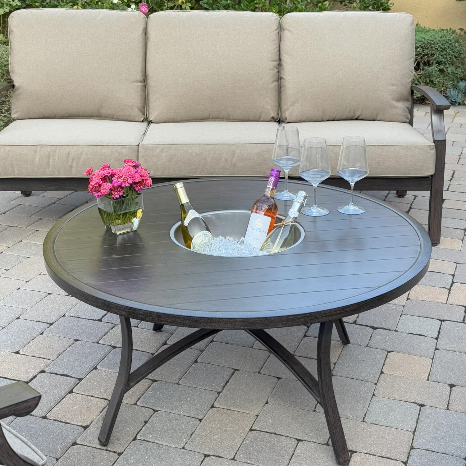 Atlantis 4 Pc Aluminum Seating Set w/ Sofa, 2 Club Chairs & Ice Bucket in Walnut/Beige by Darlee - Table w/o Ice Bucket Cover - Lifestyle thumbnail