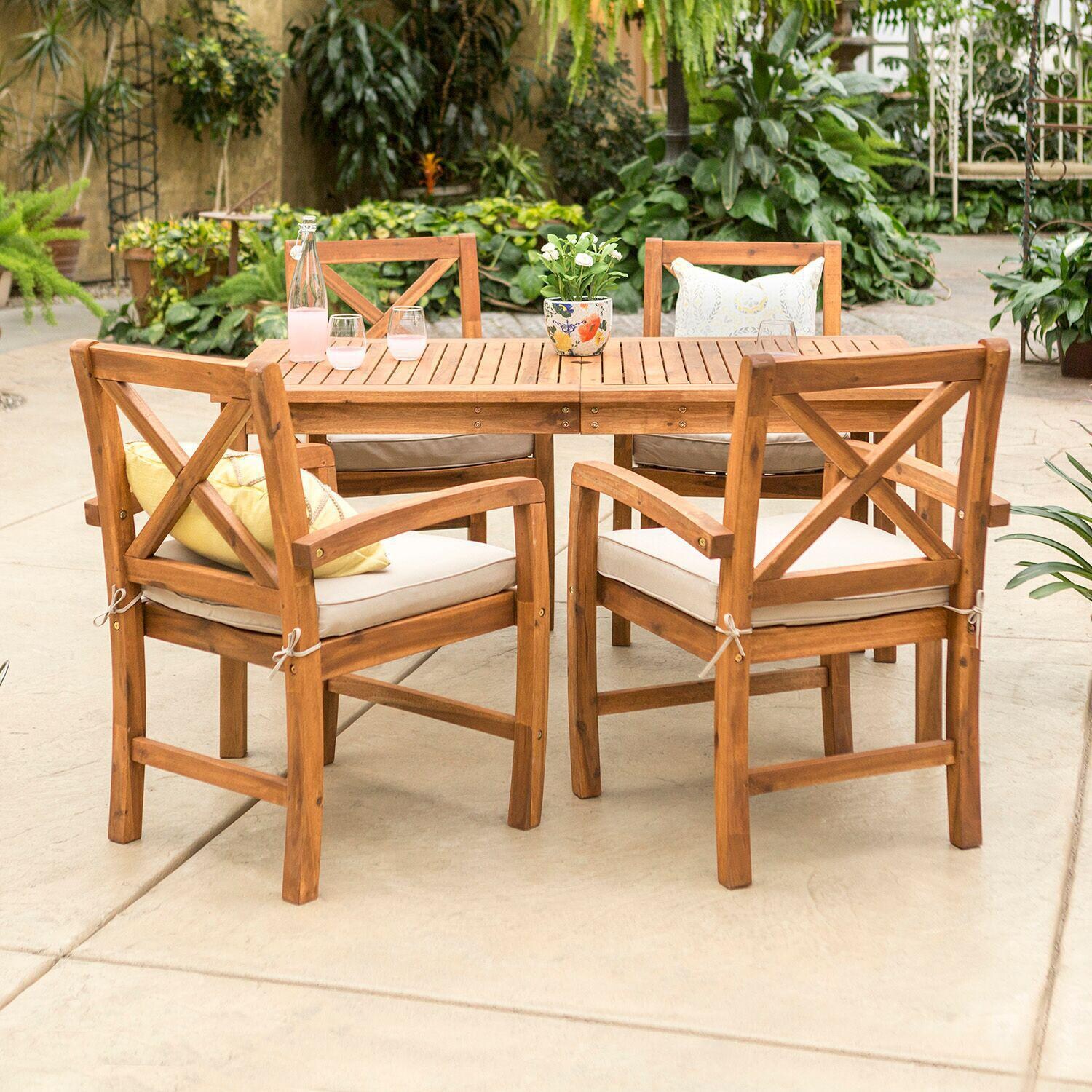 Ultimate Patio Camille Way 5 Piece Acacia Patio Dining Set W/ 60 X 34 Inch Rectangular Table & Natural Cushions thumbnail