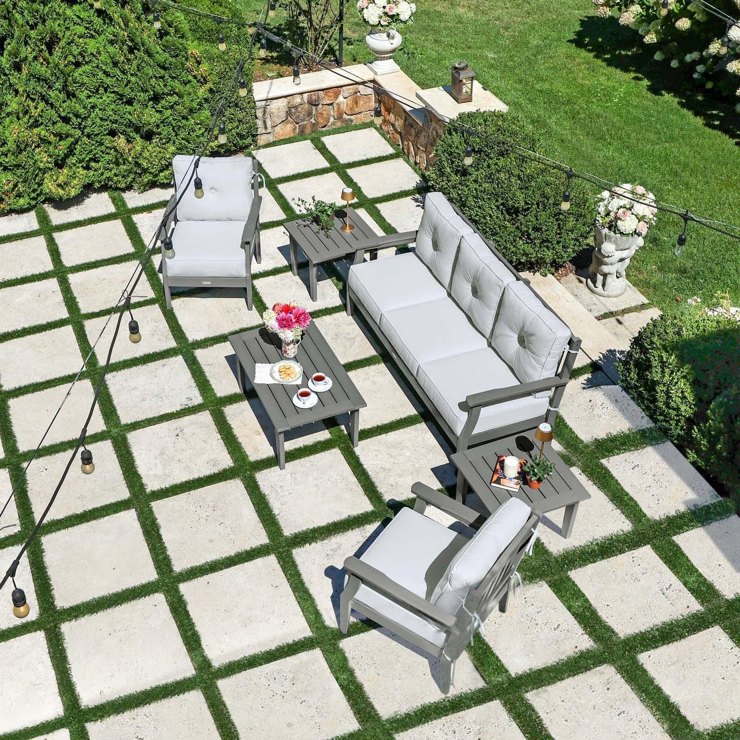 Blushing Bay 6 Pc Recycled Plastic Seating Set w/ Sofa in Bliss Linen/Coastal Teak by Lakeview Outdoor Designs - Top View - Lifestyle thumbnail