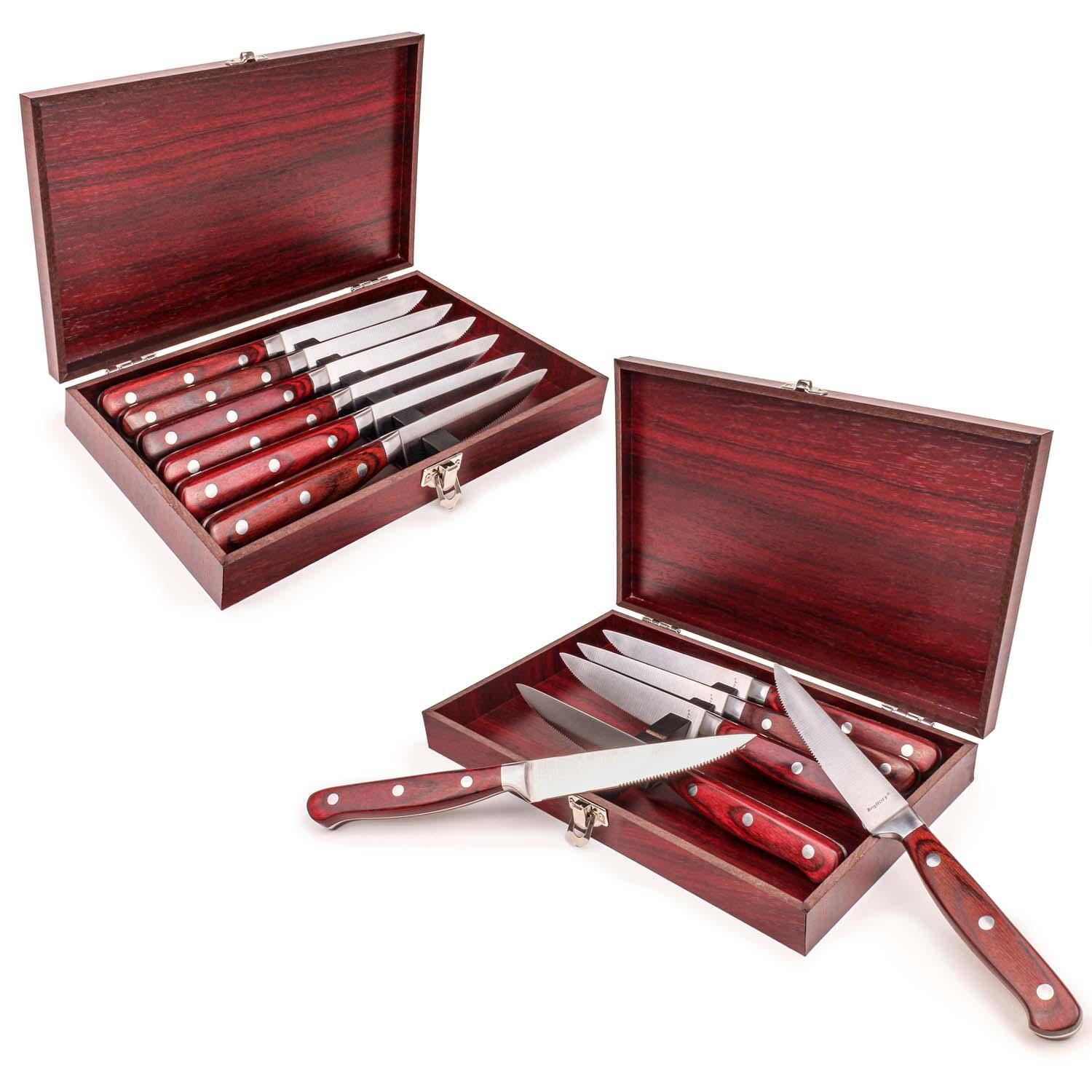BergHOFF Pakka Wood 14 Pc Stainless Steel Steak Knife Set w/ Wood Cases