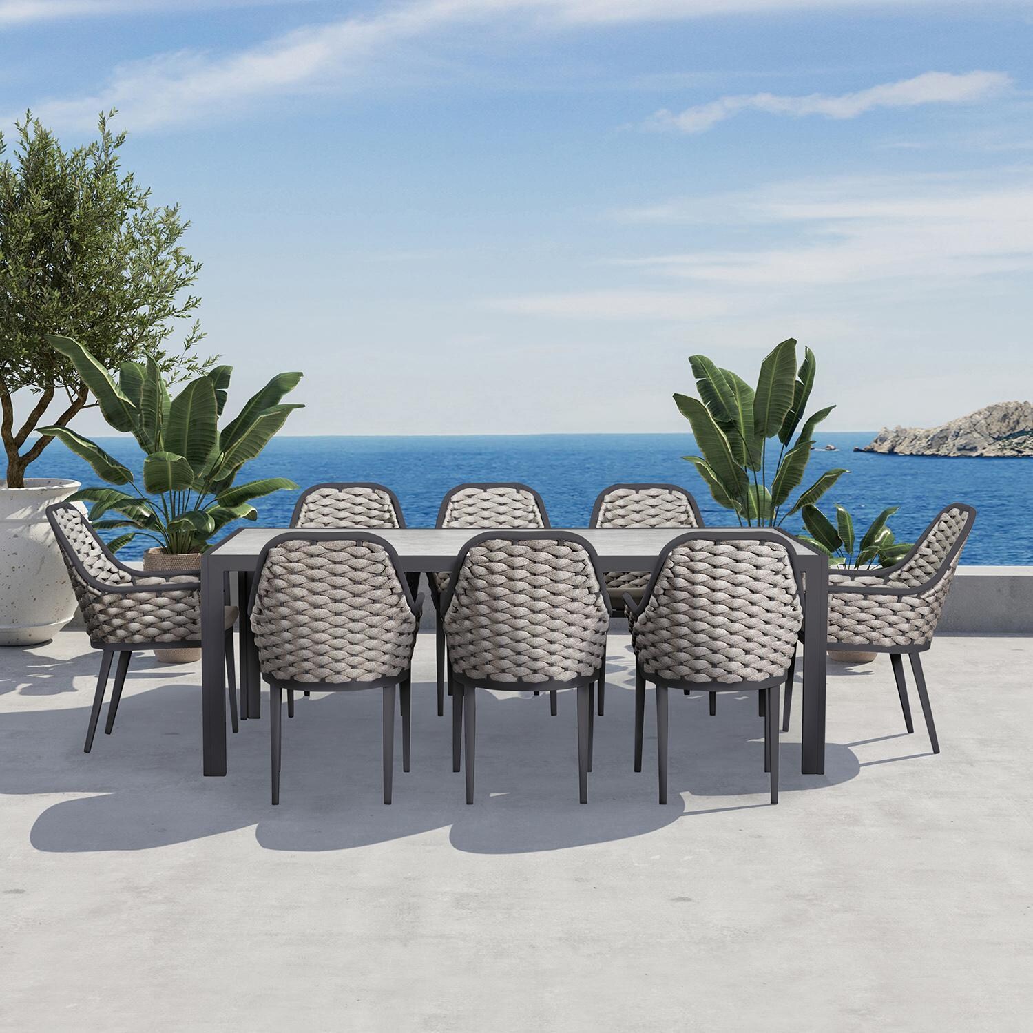 Chloe Bay 9 Pc Aluminum Rectangular Dining Set in Slate by Lakeview Outdoor Designs