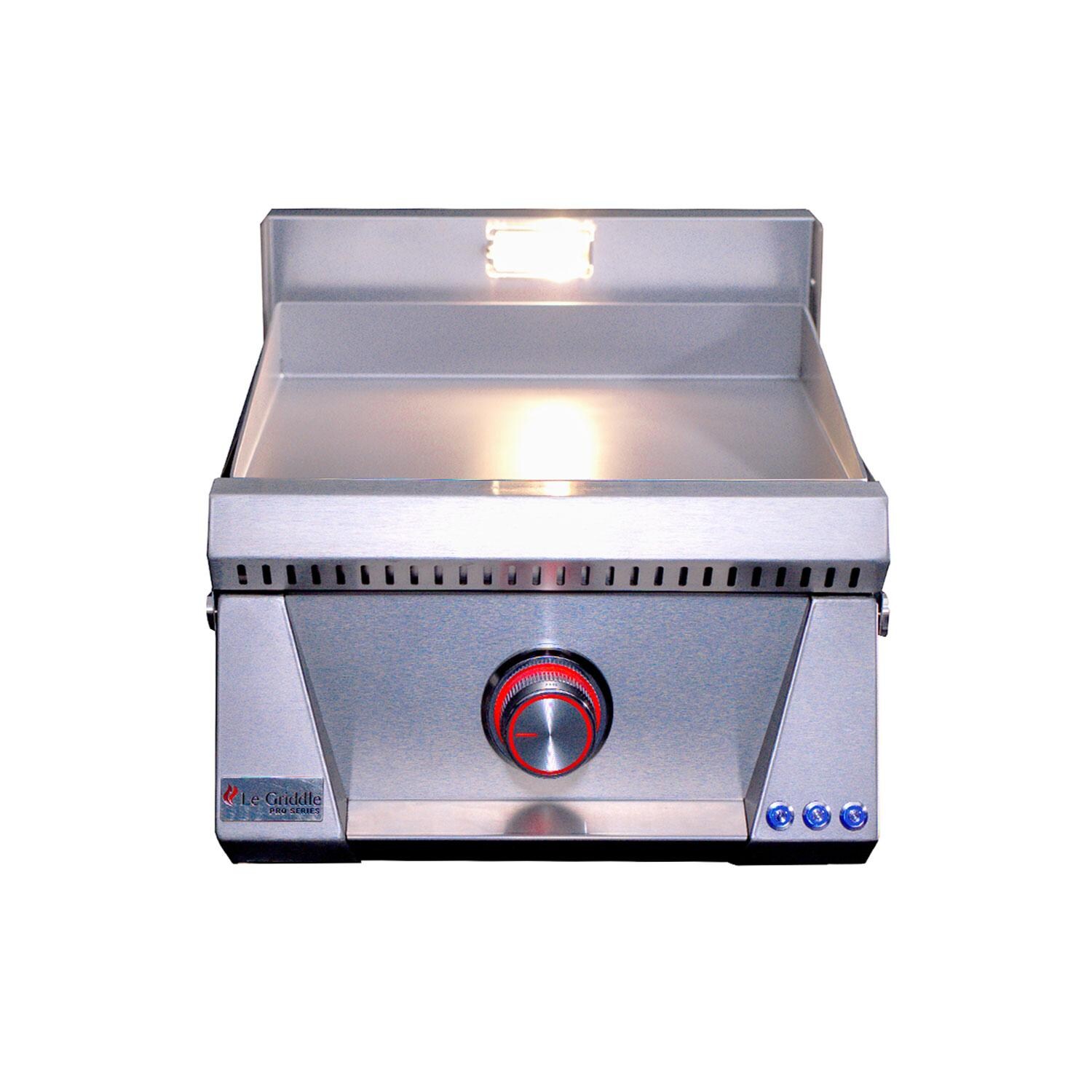 Le Griddle OML40P3 Pro Series 40 Built-In Natural Gas Flat Top Grill Griddle w/ 3mm Plate - Burner On Red LED Knob - White Background thumbnail