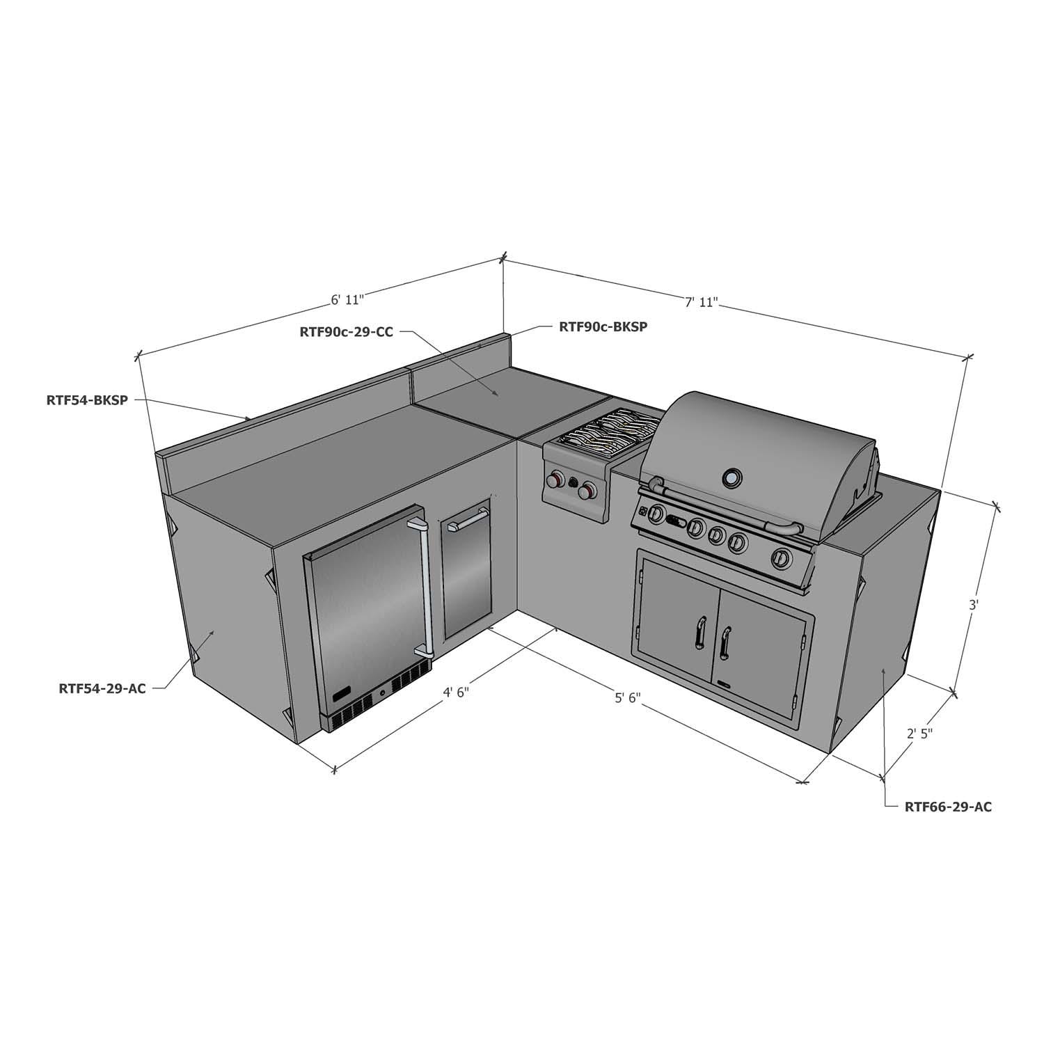 Universal 7 ft X 8 ft Ready To Finish L-Shaped Outdoor Kitchen System Appliance and Storage Cabinets W/Backsplashes On 54 Inch & 90 Degree Corner Cabinets - Dimensional thumbnail