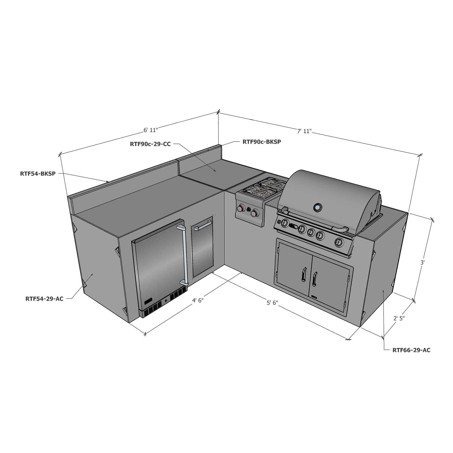 Universal 7 ft X 8 ft Ready To Finish L-Shaped Outdoor Kitchen System Appliance and Storage Cabinets W/Backsplashes On 54 Inch & 90 Degree Corner Cabinets - Dimensional thumbnail
