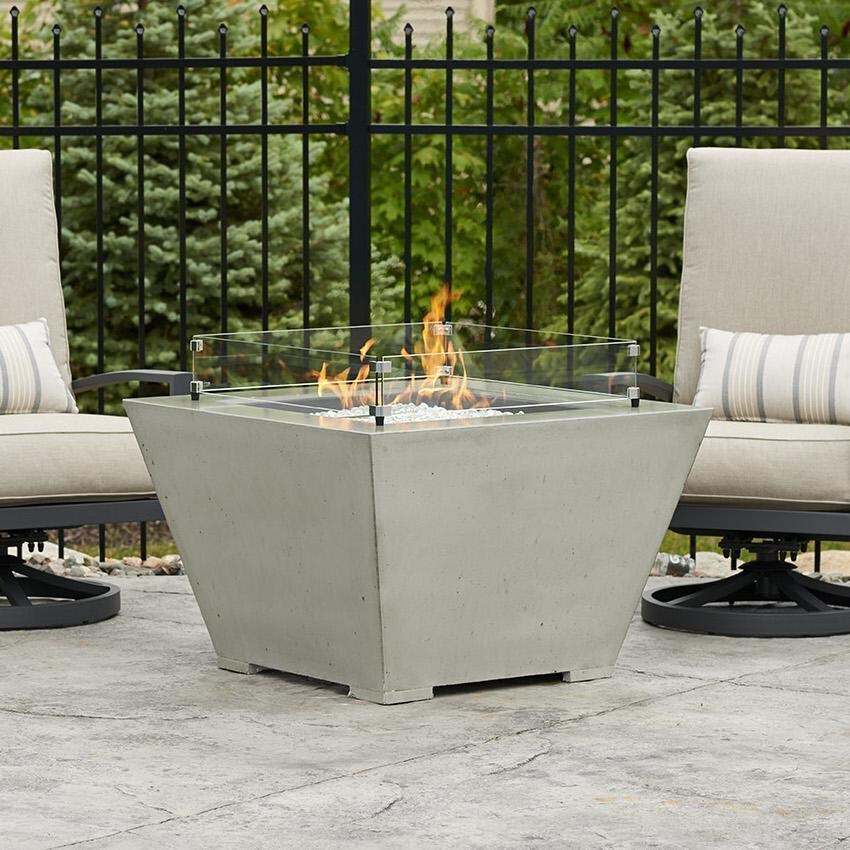 Cove 37 Inch Square GFRC Propane Fire Bowl w/ Electronic Ignition in Natural Gray by The Outdoor GreatRoom Company - Flame - Lifestyle thumbnail