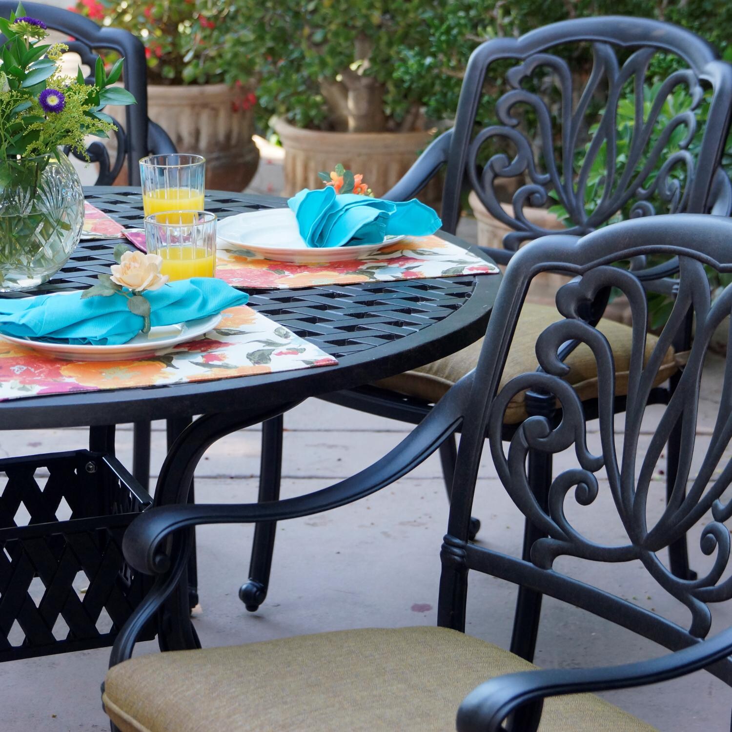 Elisabeth 5 Piece Cast Aluminum Patio Dining Set W/ 48 Inch Round Table & Sesame Cushions By Darlee - Chair Arm & Tabletop Details thumbnail