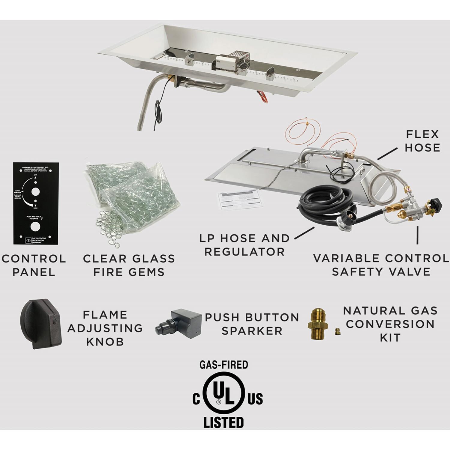 The Outdoor GreatRoom Company CFP1224-K Crystal Fire Plus 24 Inch Drop-In Rectangle 55,000 BTU Propane Fire Pit Burner Kit - Stainless Steel - What's Included - Detail thumbnail