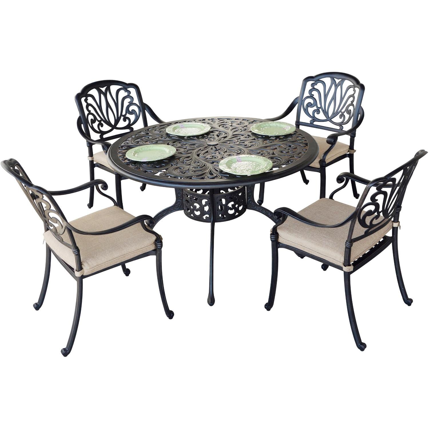 Elisabeth 5 Pc Cast Aluminum Dining Set w/ 48 Inch Series 80 Table in Antique Bronze/Beige by Darlee