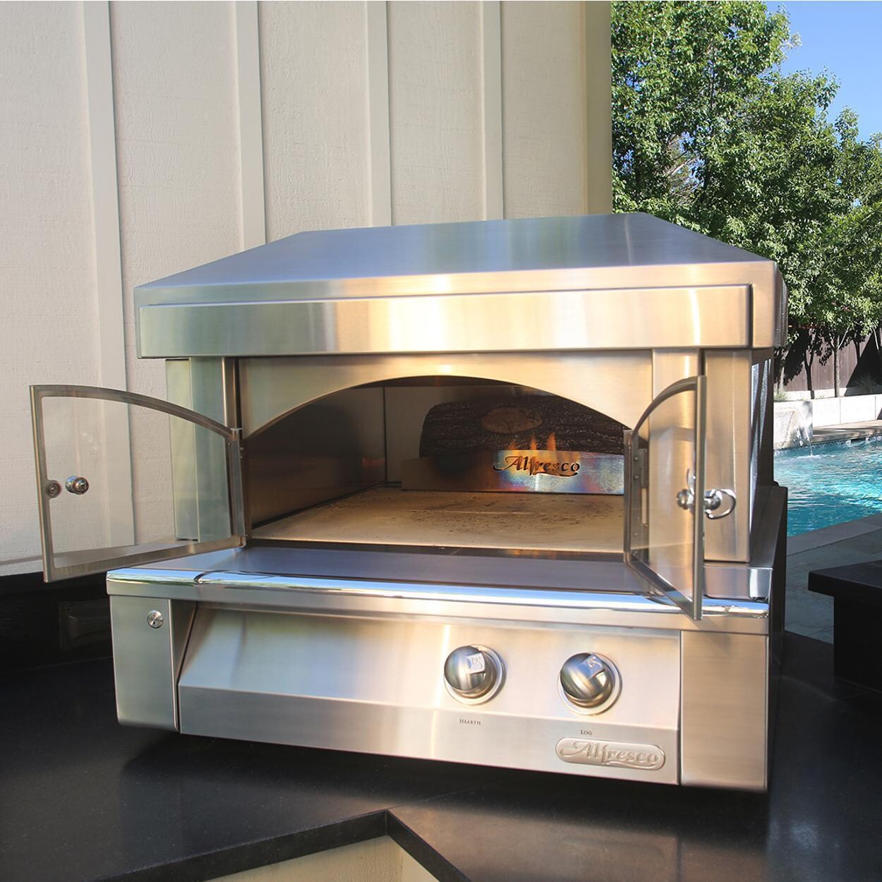 Alfresco AXE-PZA-NG-S5002 30 Inch Countertop Natural Gas Outdoor Pizza Oven Plus in Ultramarine Blue - Doors Open - Detail thumbnail
