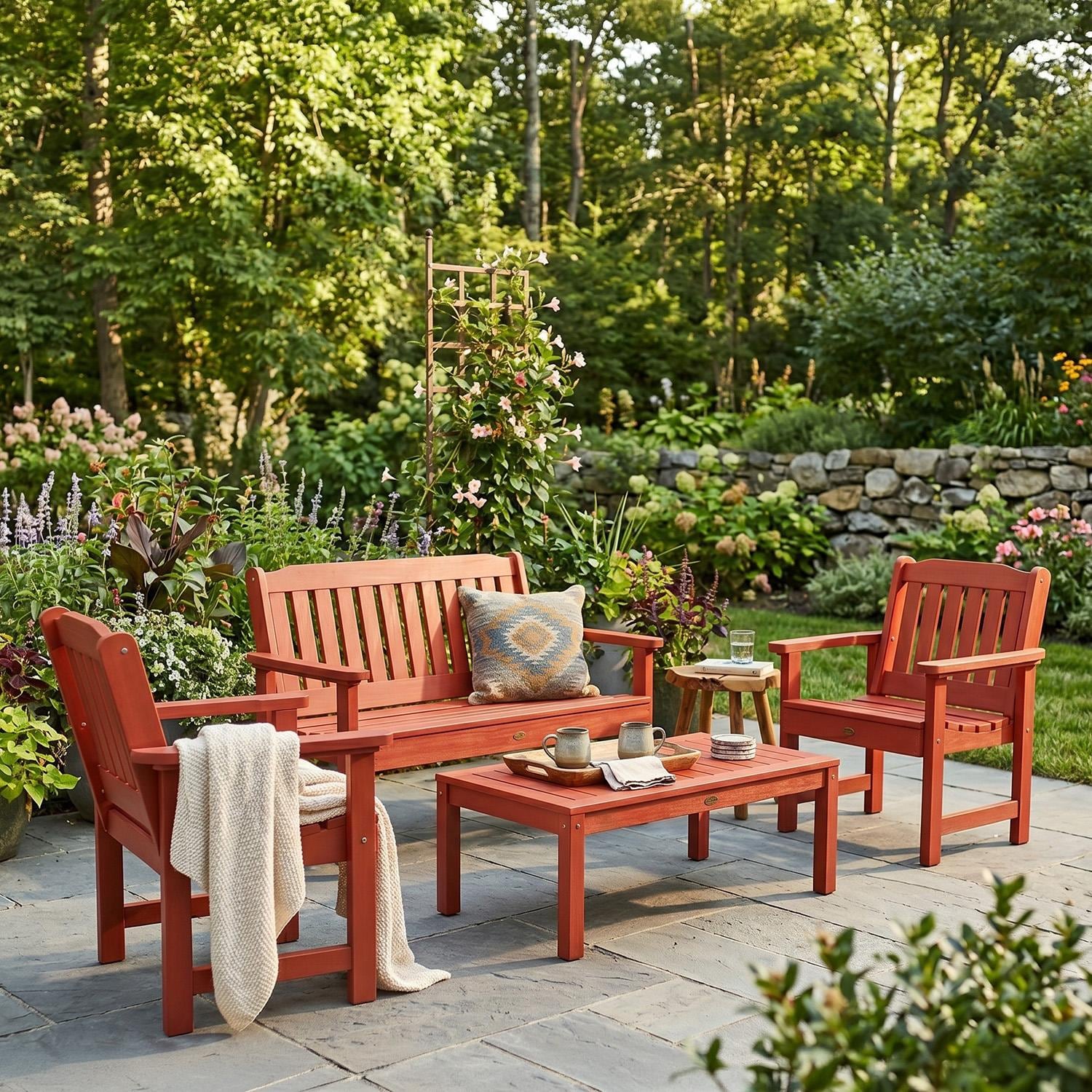Hart Lane 4 Pc Set Polyresin Seating Set in Rustic Red By Lakeview Outdoor Designs - On Patio - Lifestyle thumbnail