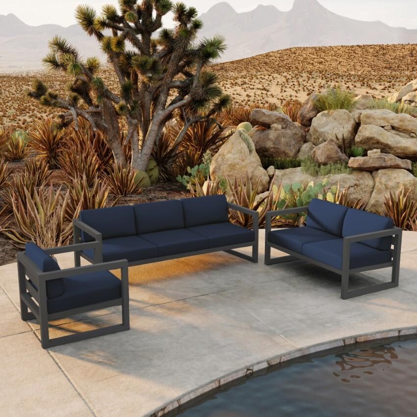 Misty Cove 3 Piece Seating Set in Slate w/Sofa & Spectrum Indigo Cushions by Lakeview - Hero - Lifestyle thumbnail