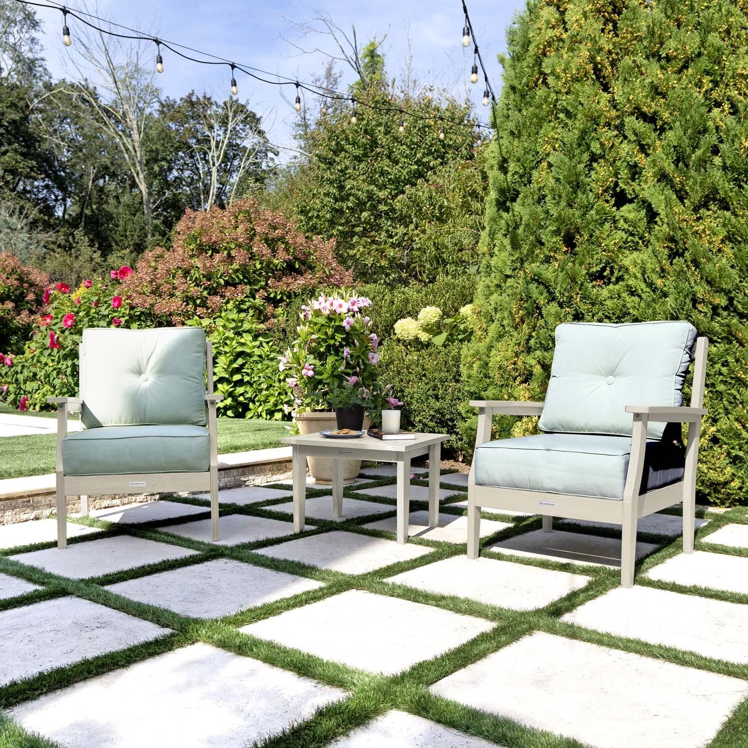 Blushing Bay 3 Pc Recycled Plastic Seating Set in Canvas Seasalt/Whitewash by Lakeview Outdoor Designs - Angled Right - Lifestyle thumbnail