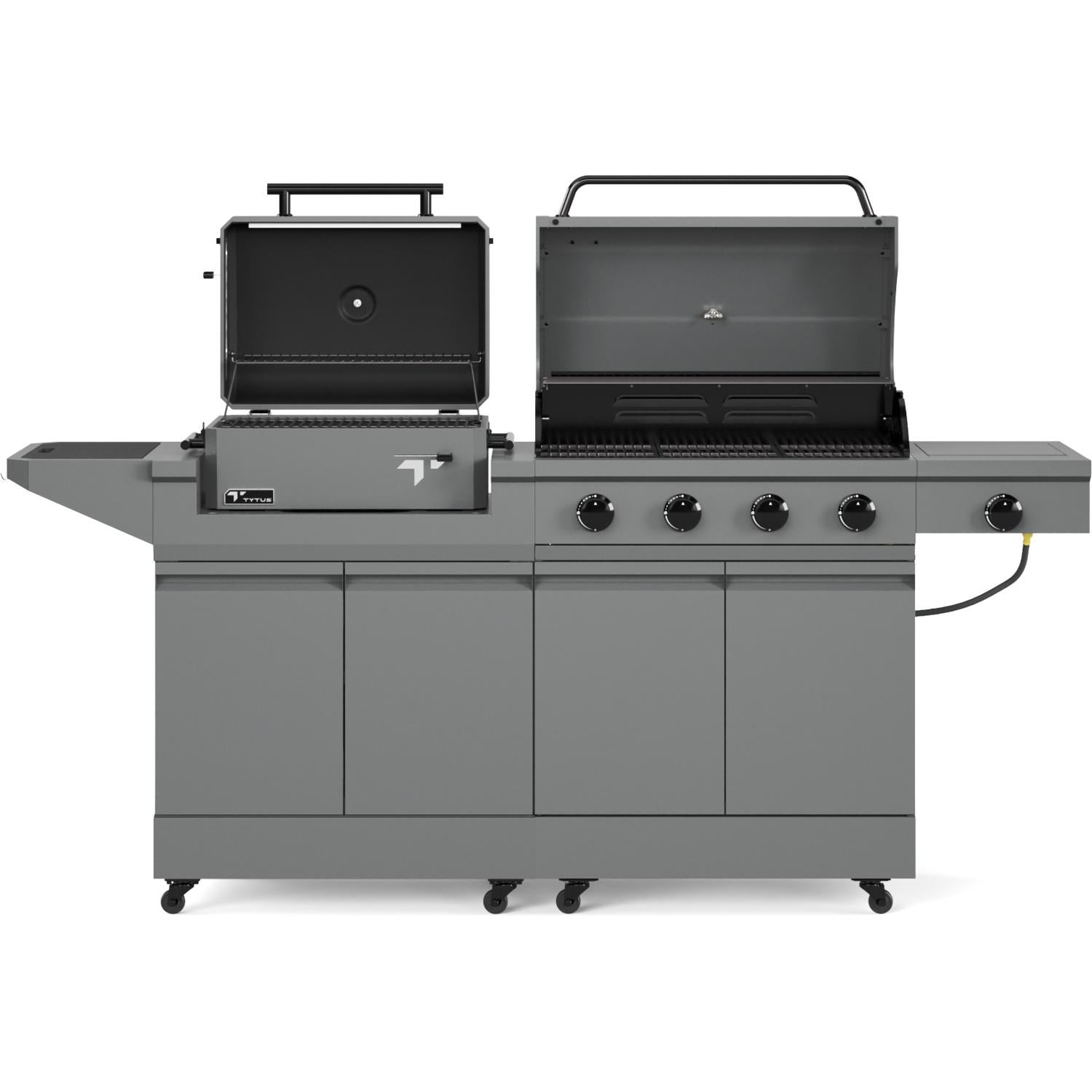 TYTUS TDT-BUN-014 Modular Duo w/ 4-Burner Gas Grill & Charcoal Grill - Open - White Background thumbnail