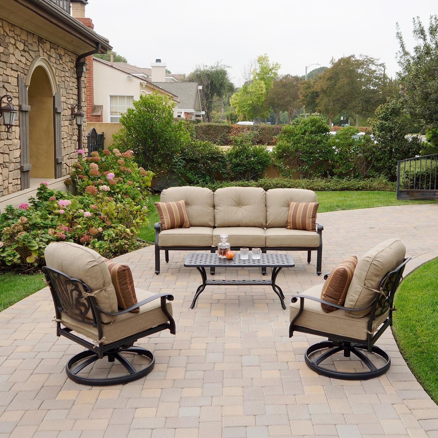 Darlee Elisabeth 4 Pc Cast Aluminum Seating Set w/ 42 X 21 Inch Table & Swivel Rockers & Throw Pillows in Antique Bronze/Beige - Set - Lifestyle thumbnail