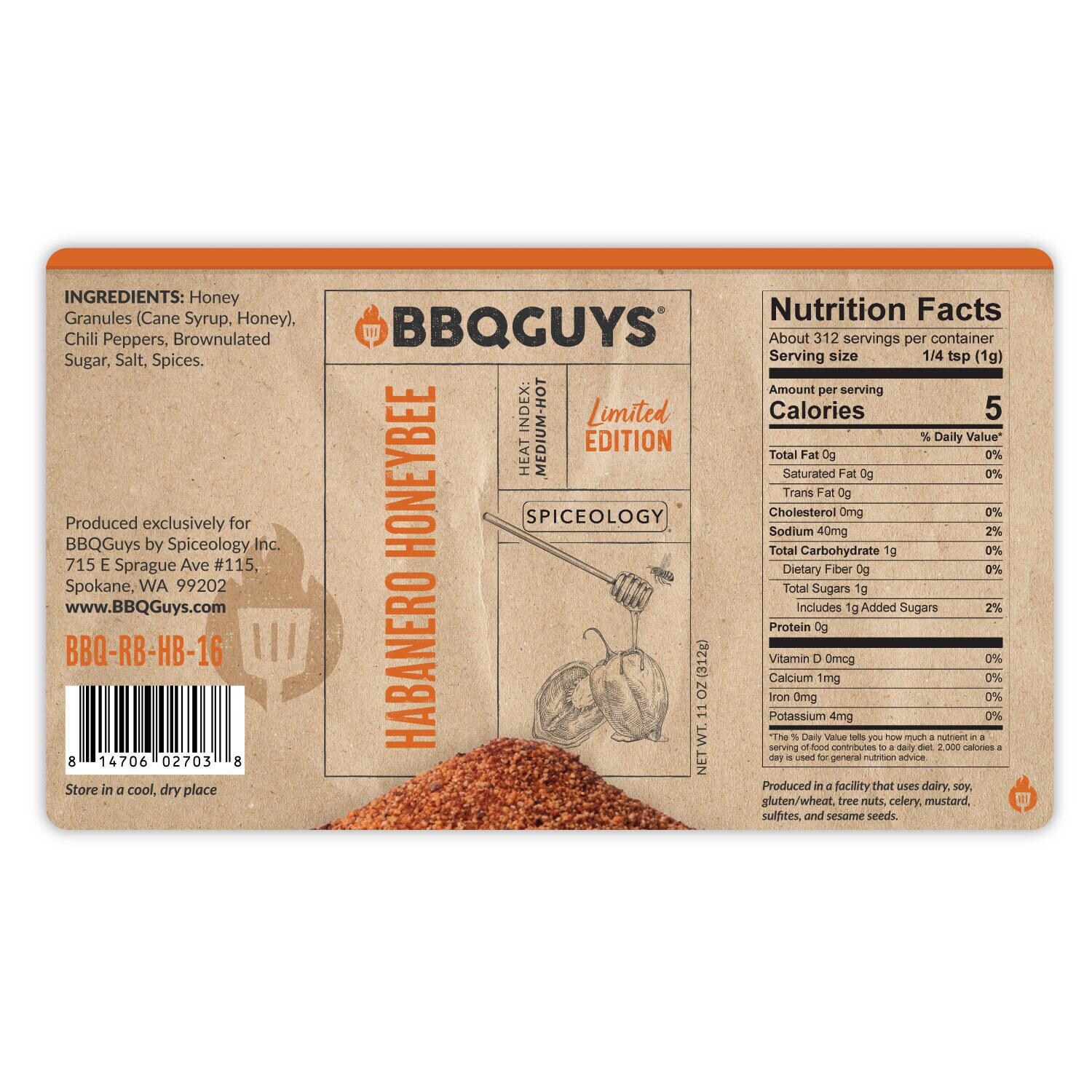 BBQGuys Signature x Spiceology West Coast, Texas, Yucatan Rojo, & Habanero Honeybee Rub Variety Pack - Habanero Honeybee Rub Nutrition Label thumbnail