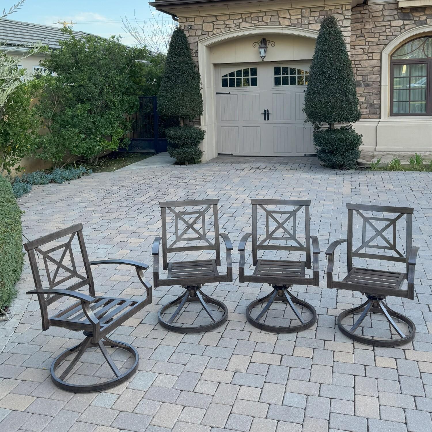 Atlantis 4 Pc Aluminum Dining Arm Chair Set in Walnut/Beige by Darlee - Chairs w/o Cushions - Lifestyle