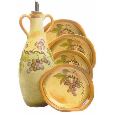 Clay Art Rustic Vines Oil Bottle With 4 Dipping Dishes 5pc Set Clay Art Rustic Vines Oil Bottle With 4 Dipping Dishes 5pc Set