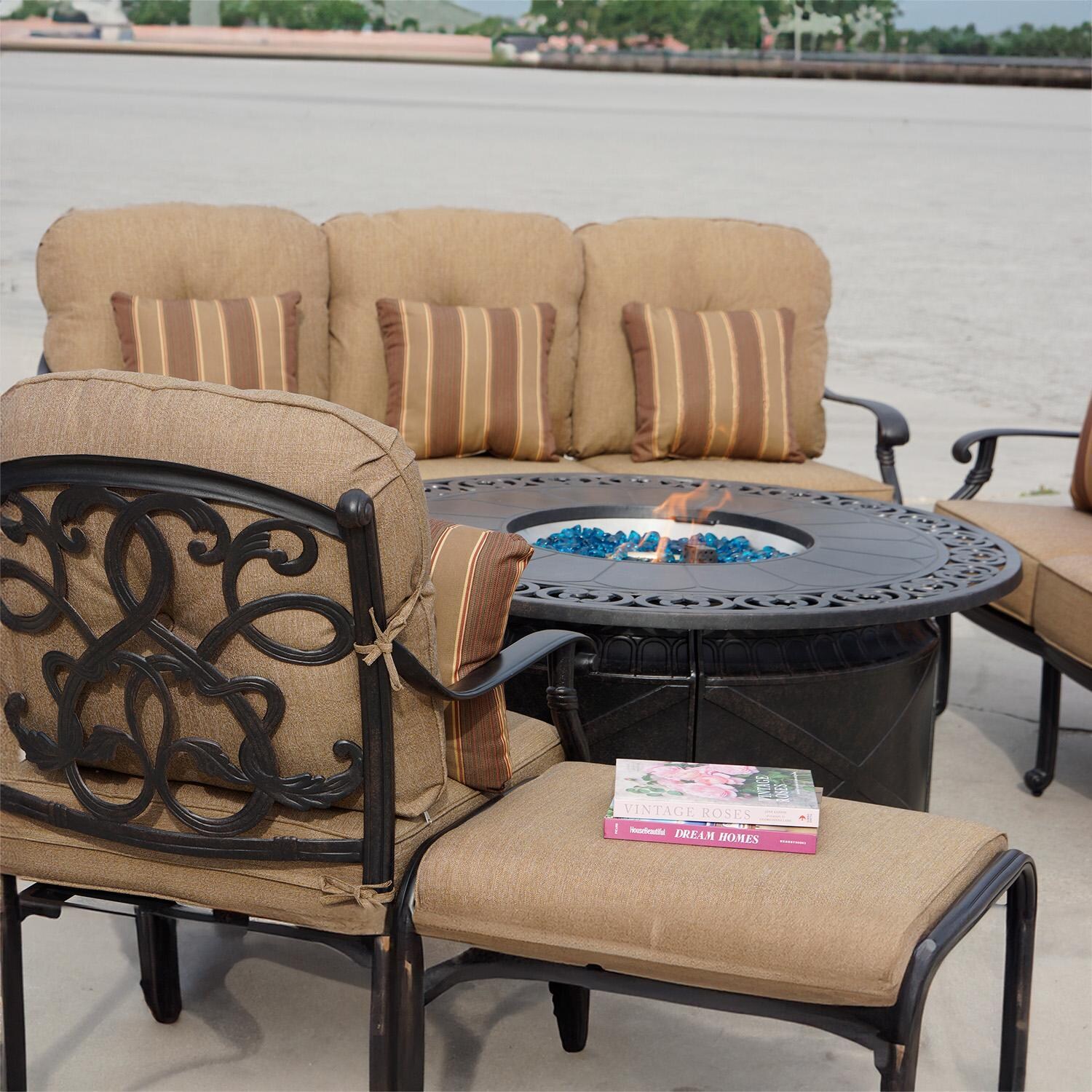 Darlee Santa Monica 5-Piece Patio Propane Fire Pit Deep Seating Set with Cushions and 52 Inch Round Fire Pit Chat Table and Fireglass - Chair Up Close - Lifestyle thumbnail