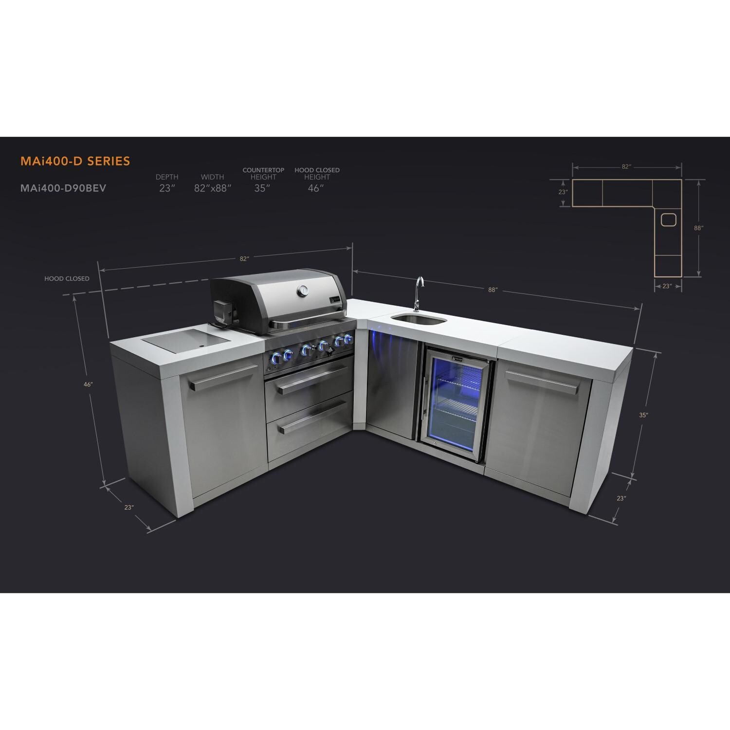  Mont Alpi - MAi400-D90BEV - Deluxe 90 Degree Propane Gas Island Grill W/ Beverage Center, Infrared Side Burner, & Rotisserie Kit - Dimensional thumbnail