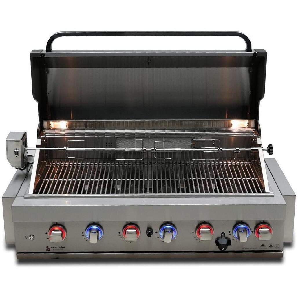 Mont Alpi MA805-AW 6-Burner Stainless Steel Art-Wood Propane Island Grill - Grill Head Lid Open - White Background thumbnail