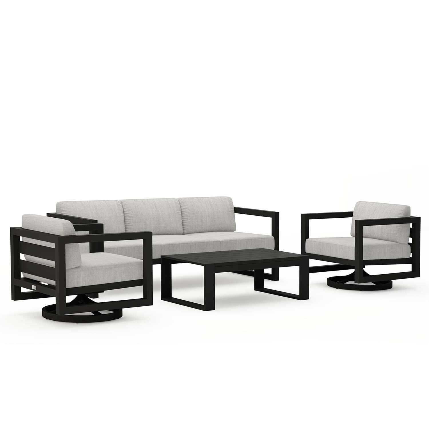 Misty Cove 4 Pc Aluminum Sofa Seating Set w/ Swivel Chairs in Black/Cast Silver by Lakeview Outdoor Designs - Angled Side View - White Background thumbnail