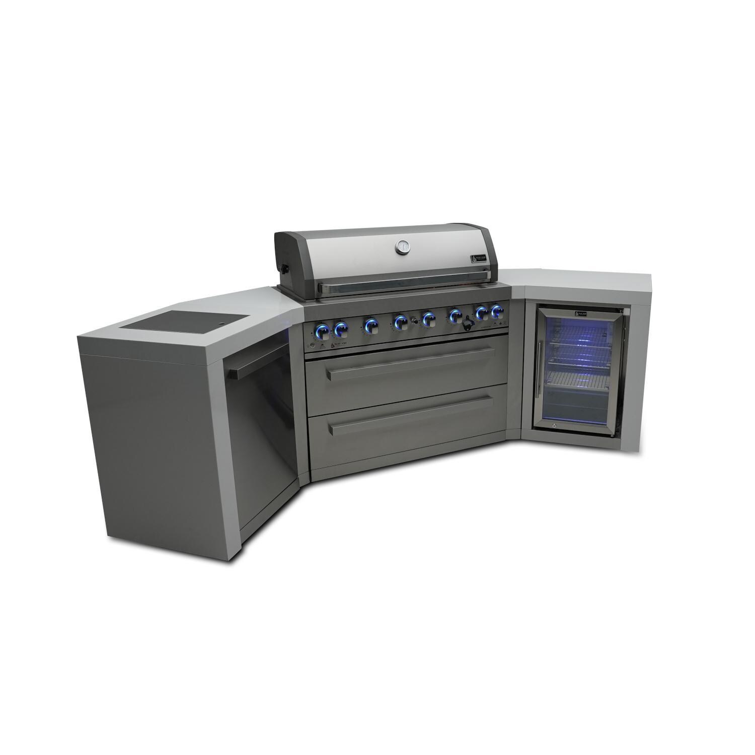 Mont Alpi MAi805-D45FC Deluxe 45 Degree Natural Gas Island Grill W/ Refrigerator Cabinet - Angled Right - Grill Closed - White Background thumbnail